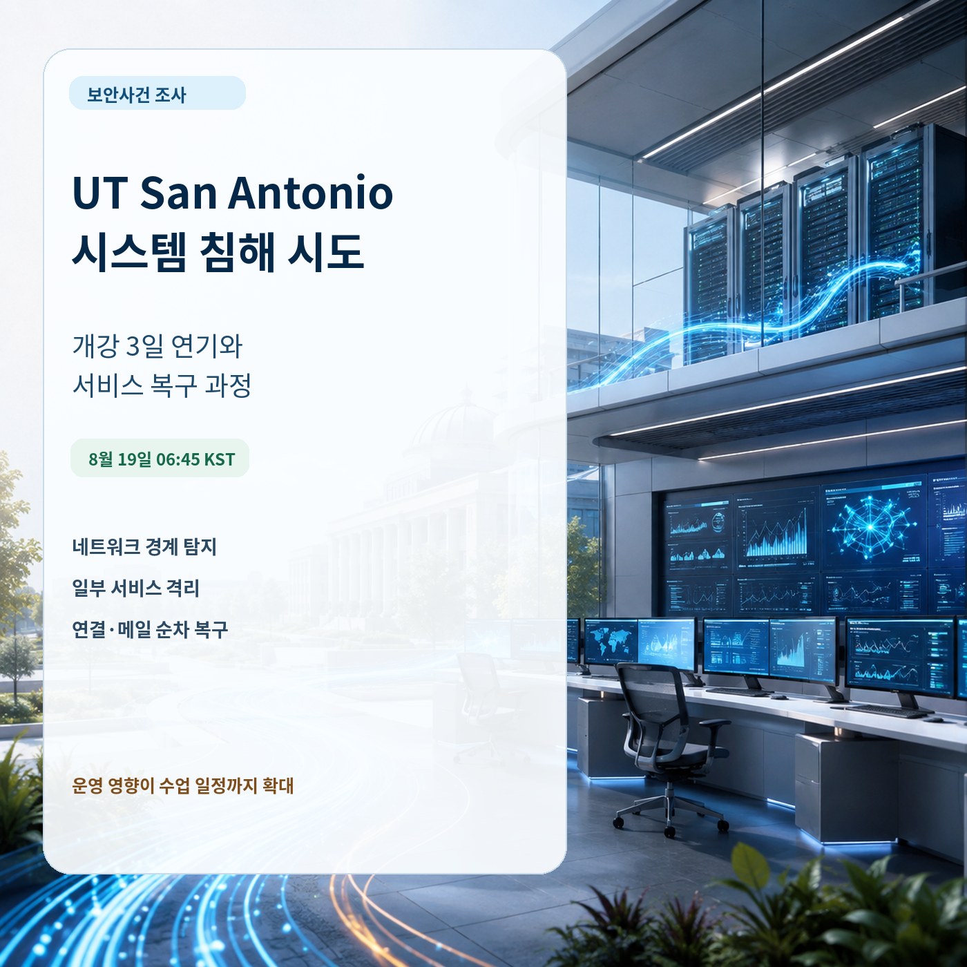 UT San Antonio 시스템 침해 시도와 서비스 복구를 표현한 한국어 표지