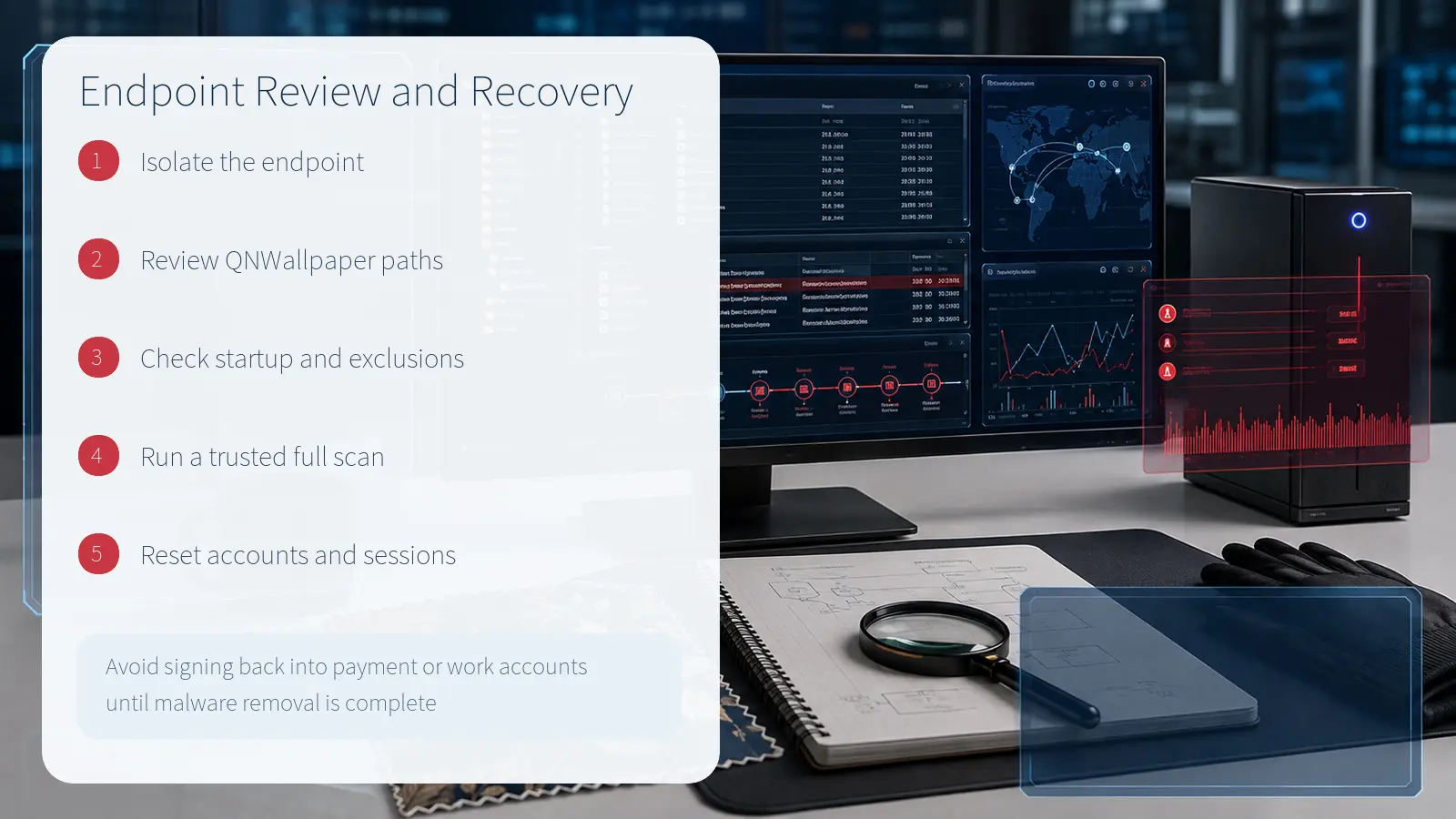 Five-step response sequence covering endpoint isolation, QNWallpaper path review, startup and exclusion checks, a full scan, and account resets