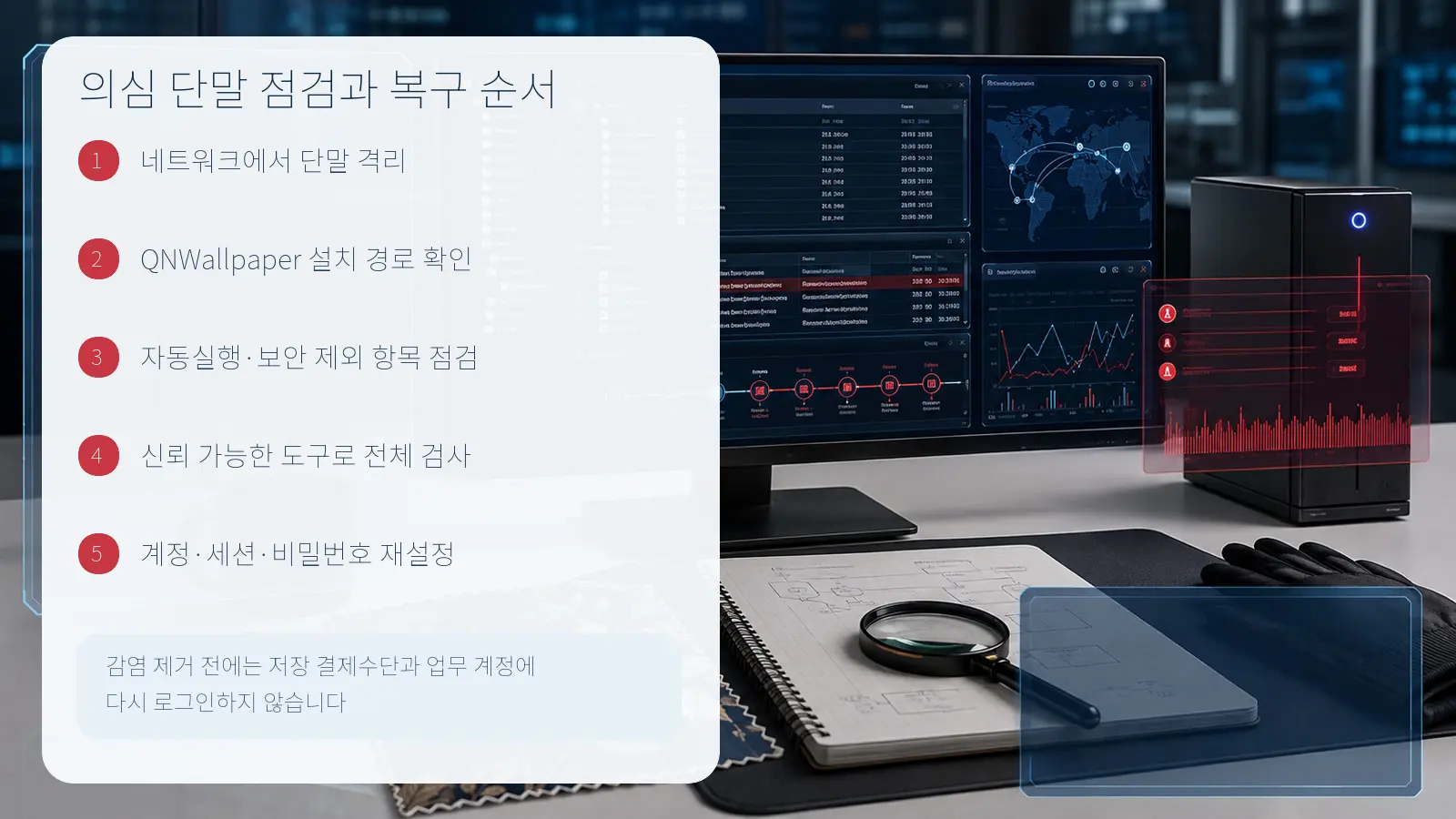 의심 단말 격리, QNWallpaper 경로 확인, 자동실행과 보안 제외 점검, 전체 검사, 계정 재설정의 다섯 단계 대응 순서