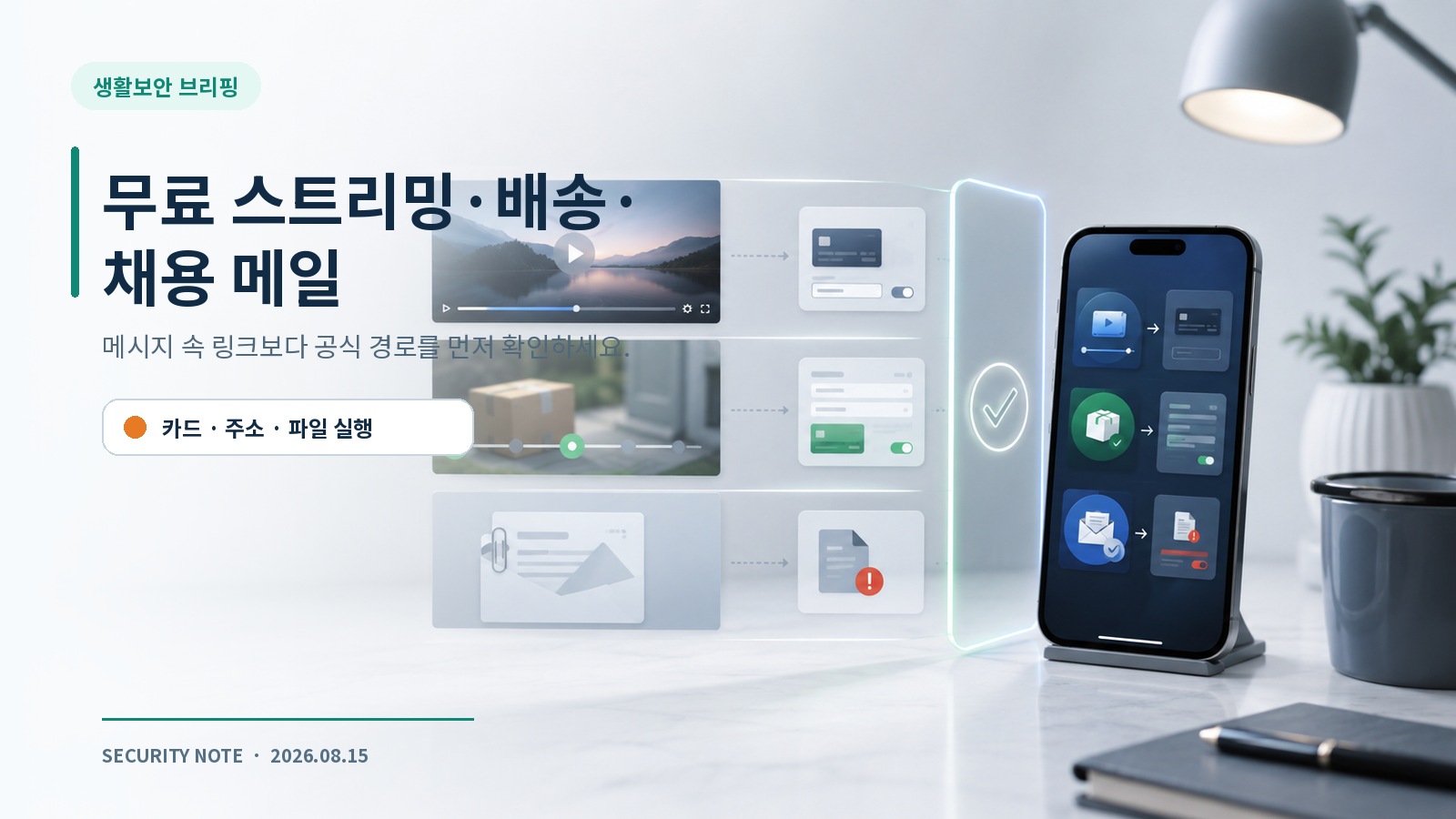 무료 스트리밍, 배송 알림, 채용 메일의 카드정보, 주소, 파일 실행 위험을 보여주는 편집형 표지