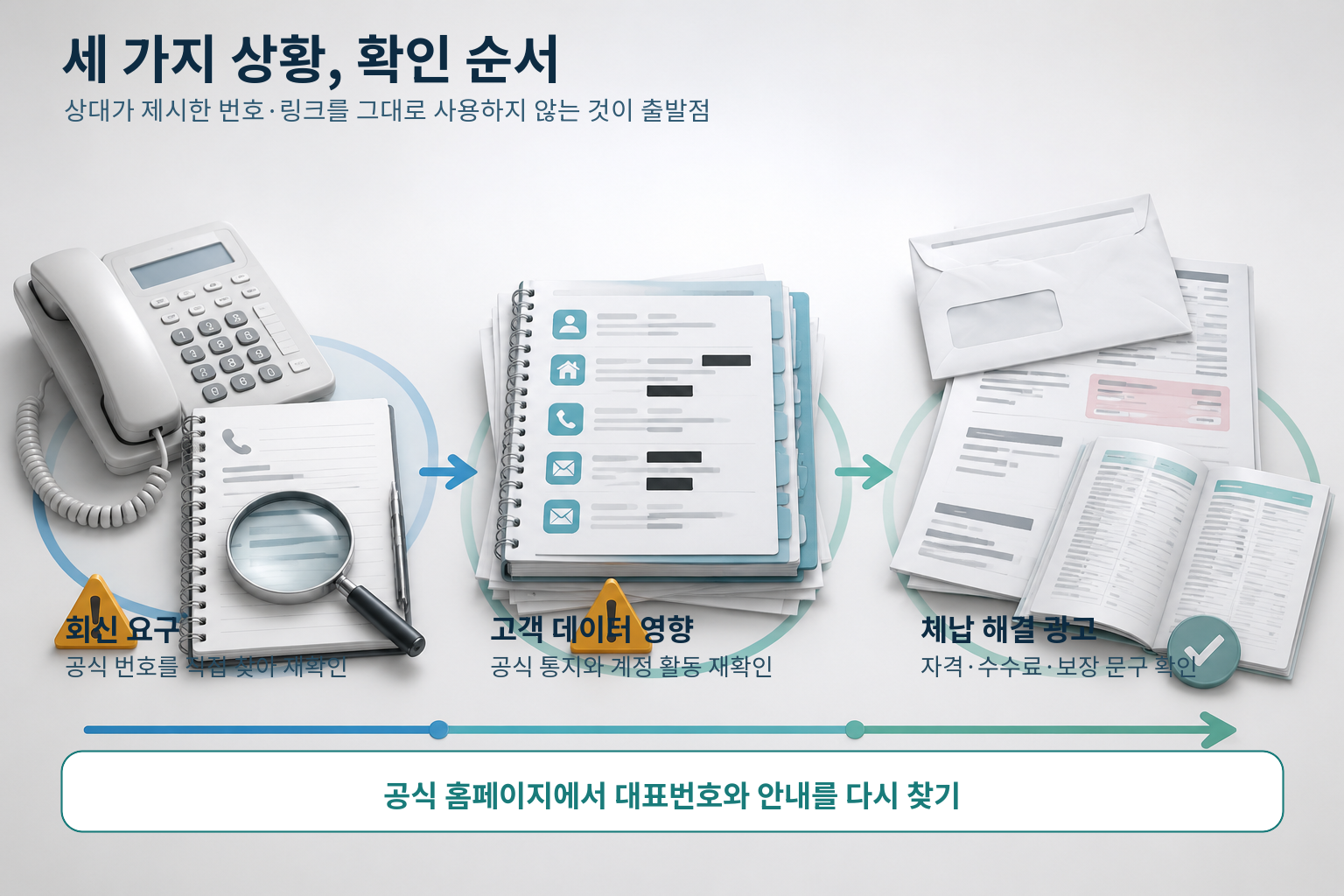 회신 요구, 고객 데이터 영향, 체납 해결 광고에서 공식 경로로 재확인하는 순서
