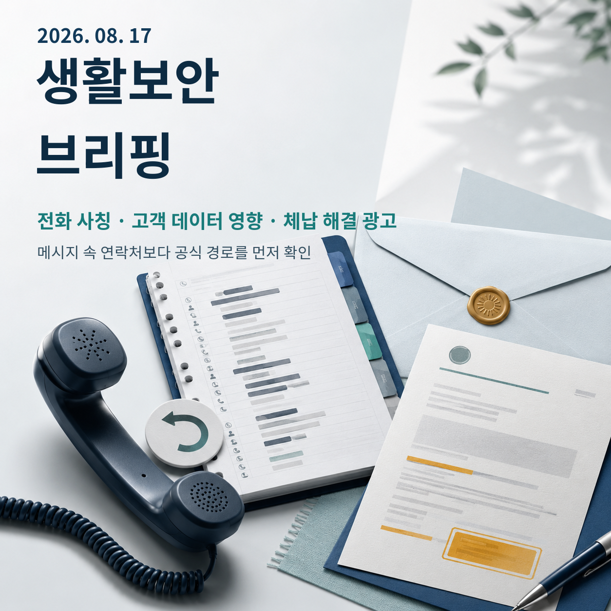 전화 사칭, 고객 데이터 영향, 체납 해결 광고를 다룬 8월 17일 생활보안 브리핑 표지