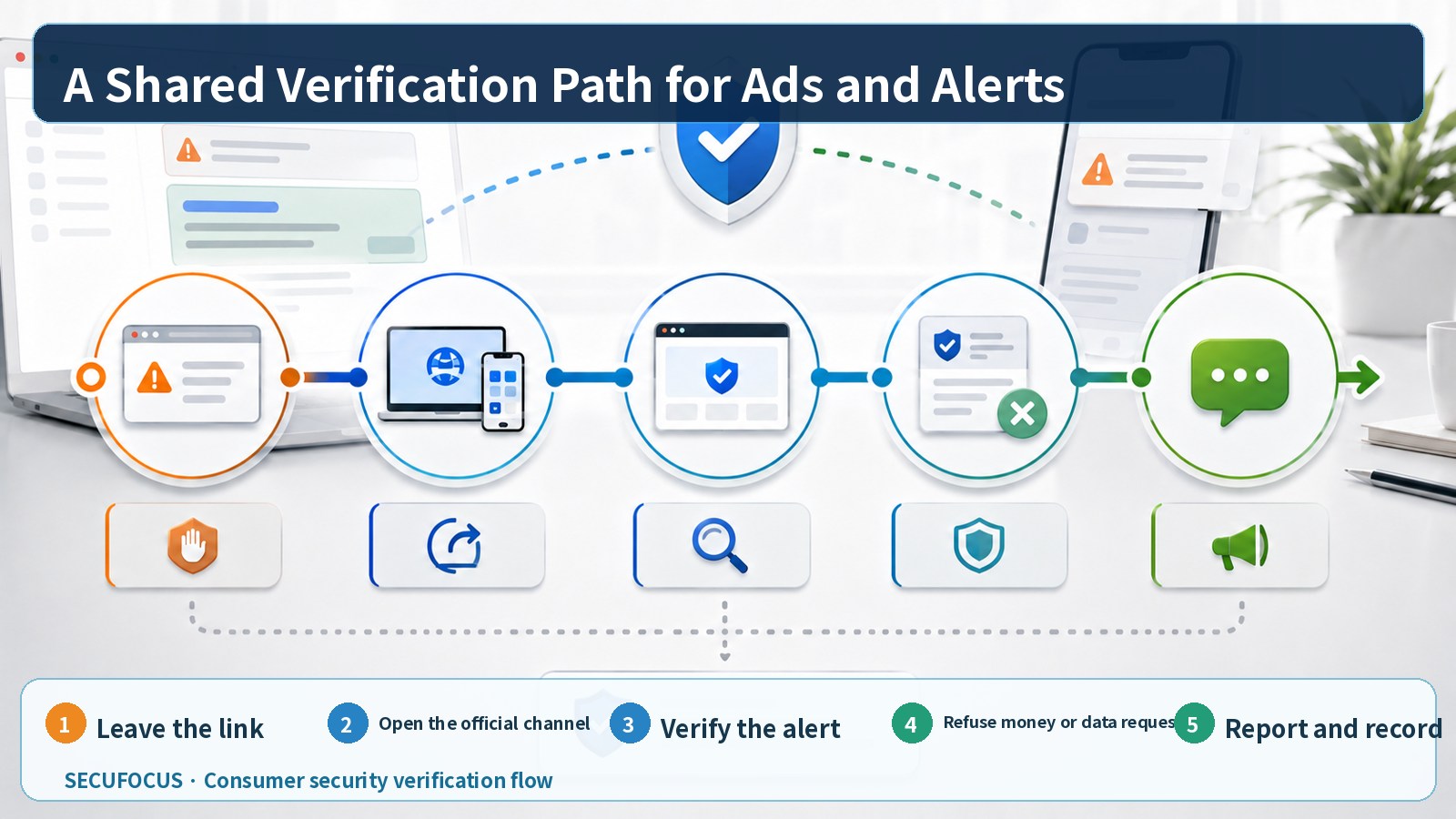 English visual flow for leaving an ad or alert, opening the official channel, verifying, refusing sensitive requests, and reporting