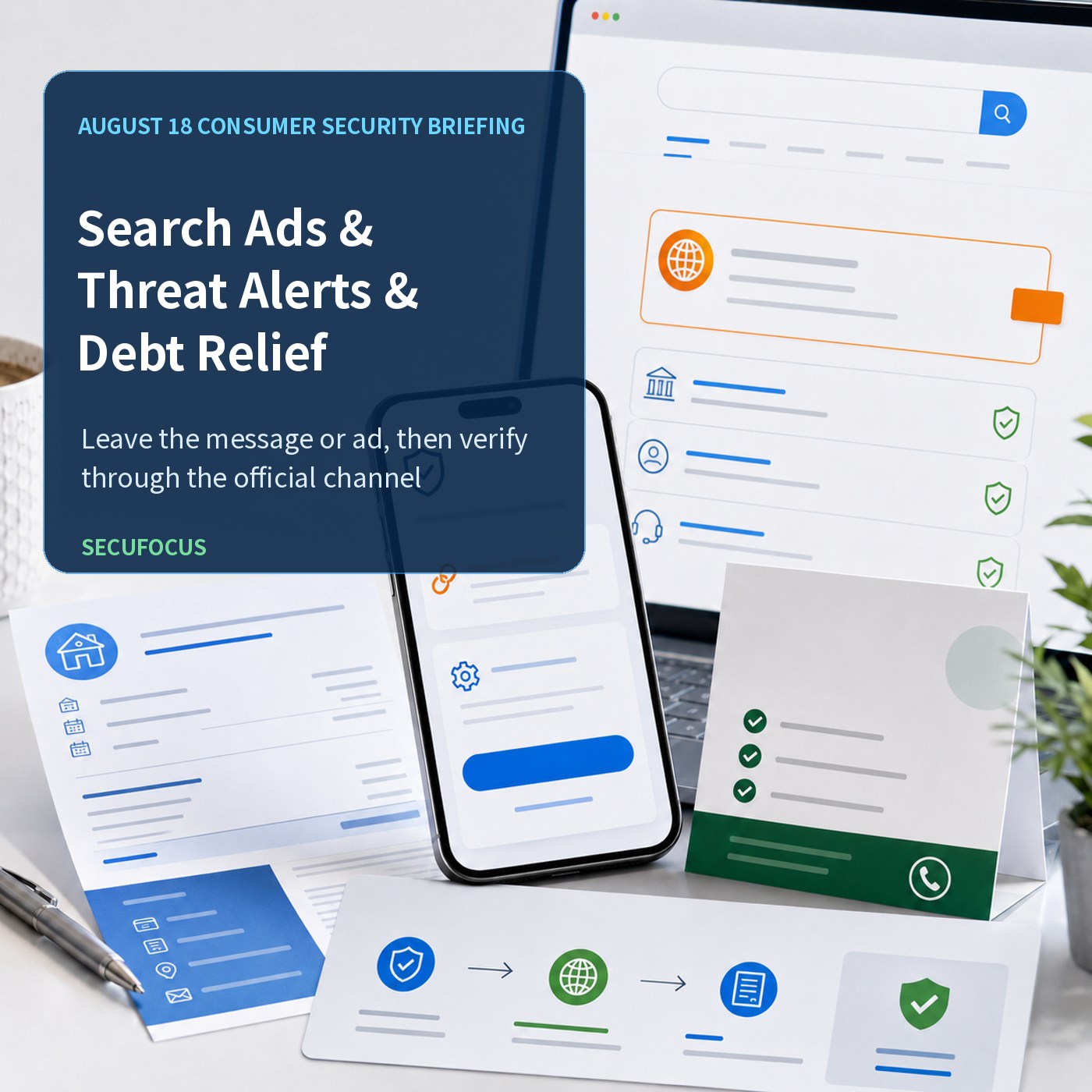 English consumer security briefing cover about deceptive search ads, Apple threat alerts, and debt-relief offers