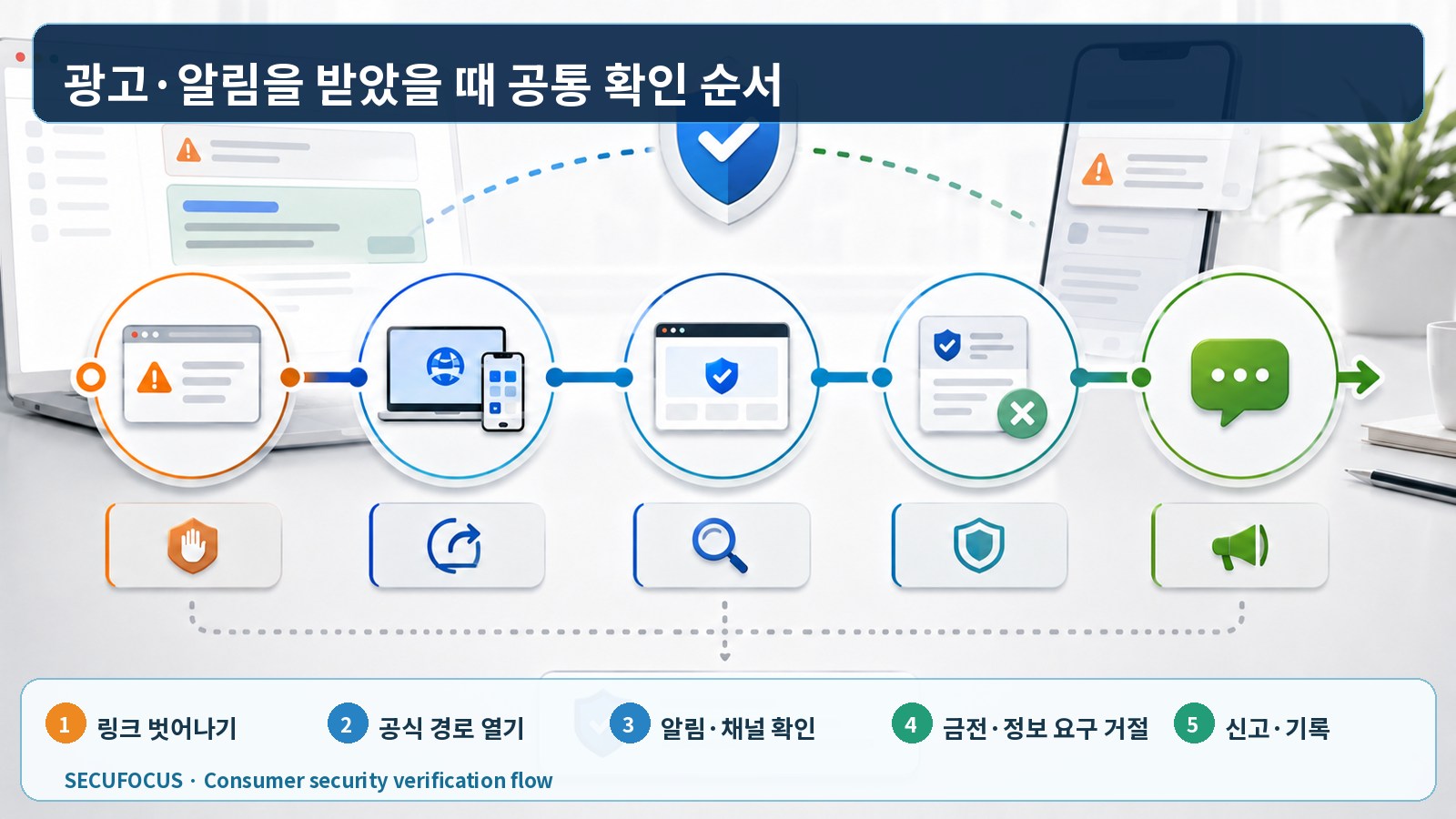 광고와 알림에서 벗어나 공식 경로를 열고 확인·거절·신고하는 순서를 설명한 한국어 이미지