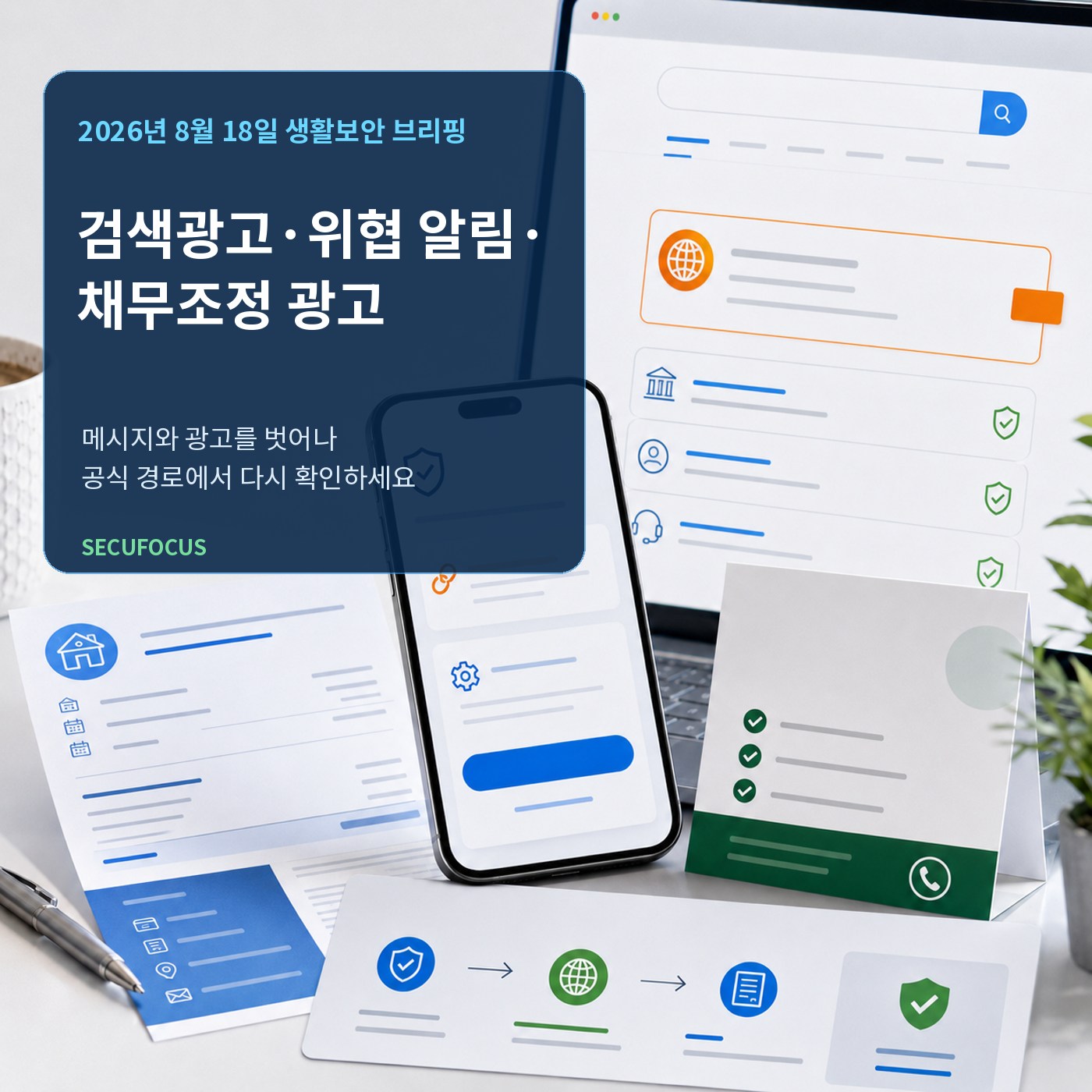 검색광고 결제 사칭, Apple 위협 알림, 채무조정 광고를 다룬 한국어 생활보안 브리핑 대표 이미지