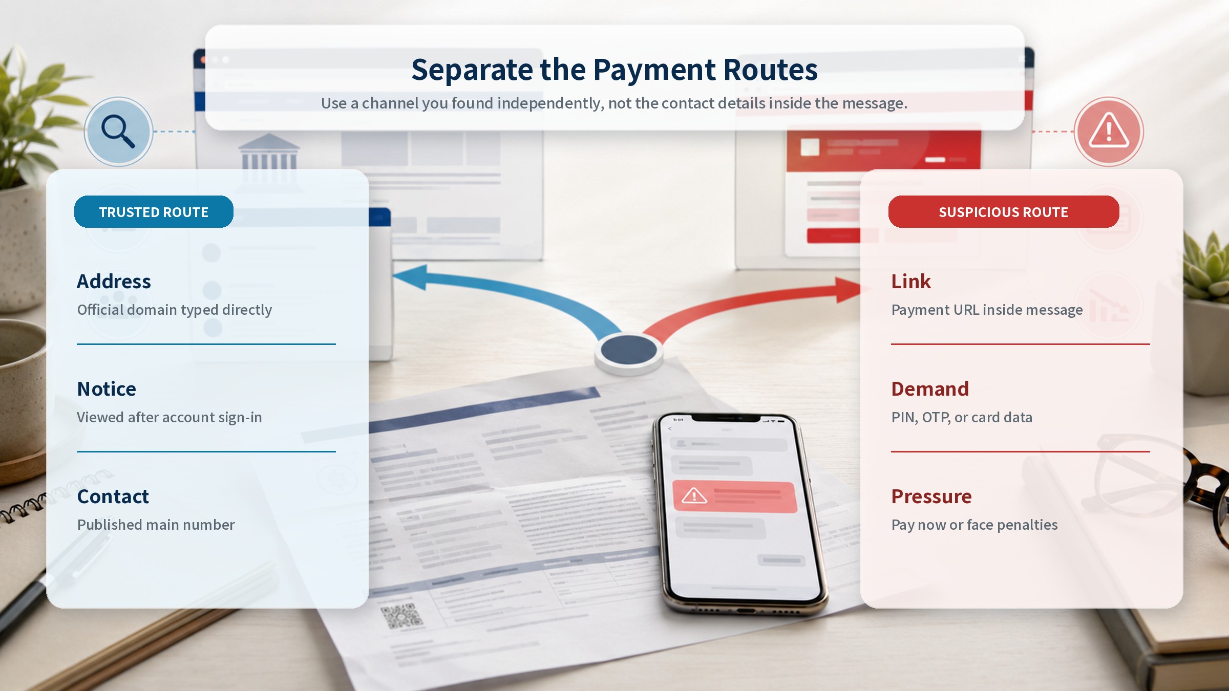 Criteria separating a trusted payment route from a suspicious one