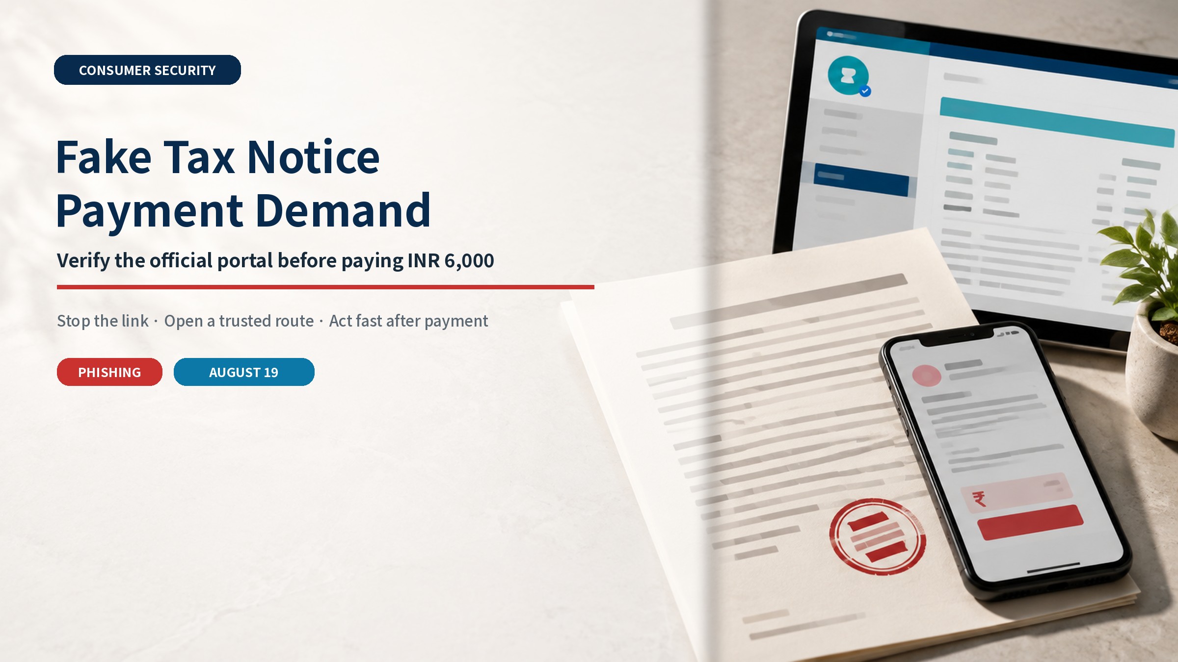 Fake tax notice payment demand compared with official portal verification