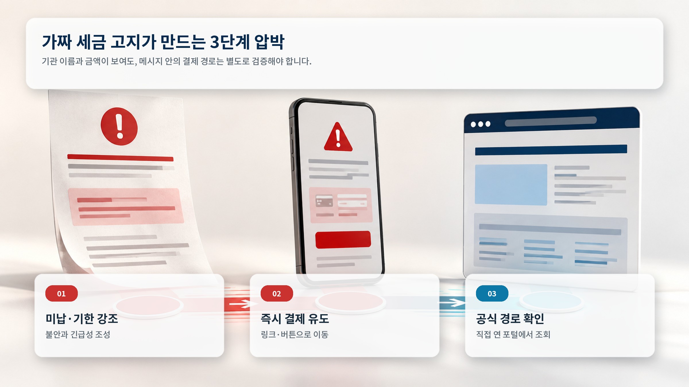 가짜 세금 고지가 긴급성과 결제를 유도한 뒤 공식 경로로 확인하는 3단계 흐름