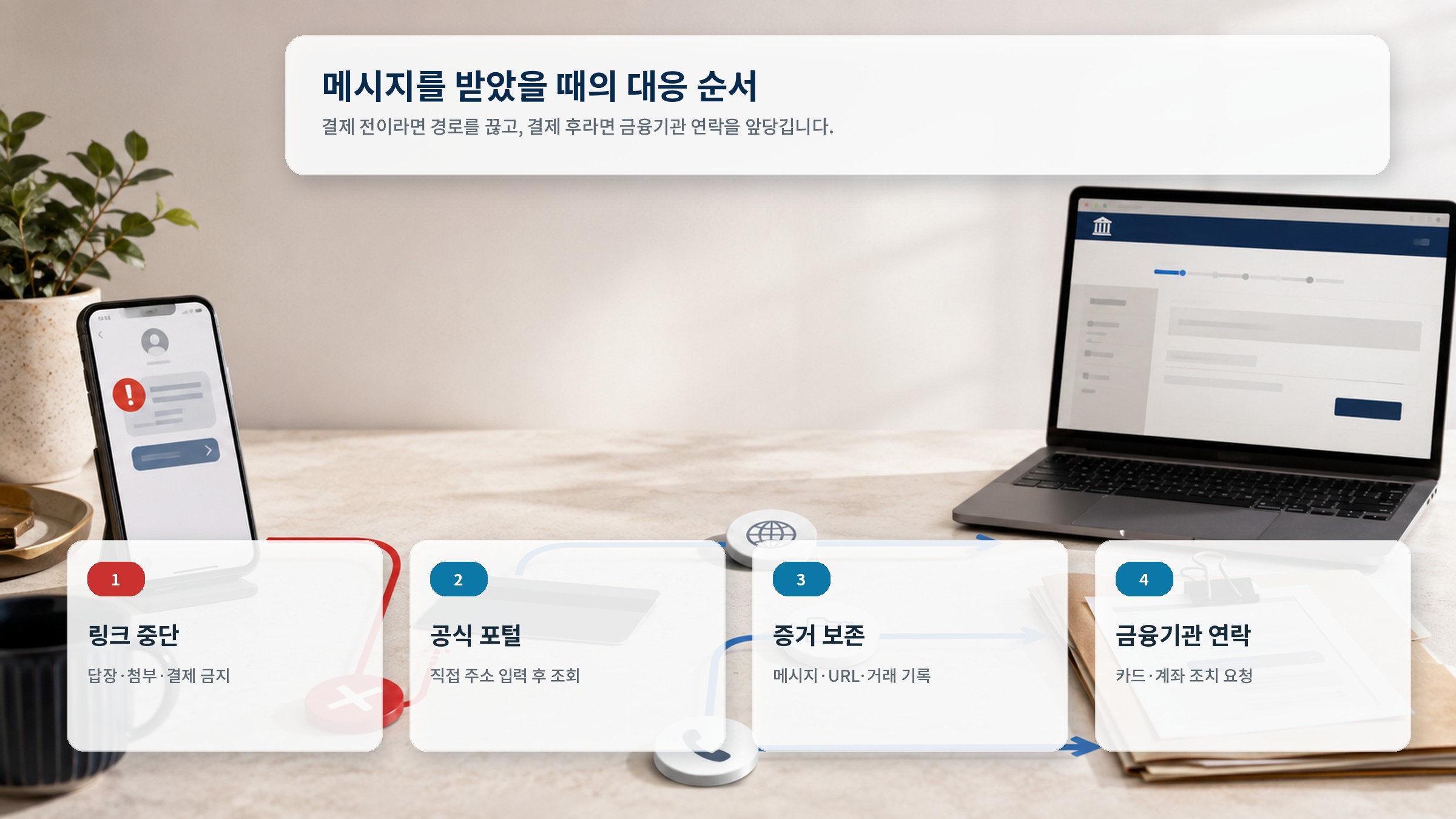 의심 메시지 수신 후 링크 중단, 공식 포털 확인, 증거 보존, 금융기관 연락 순서