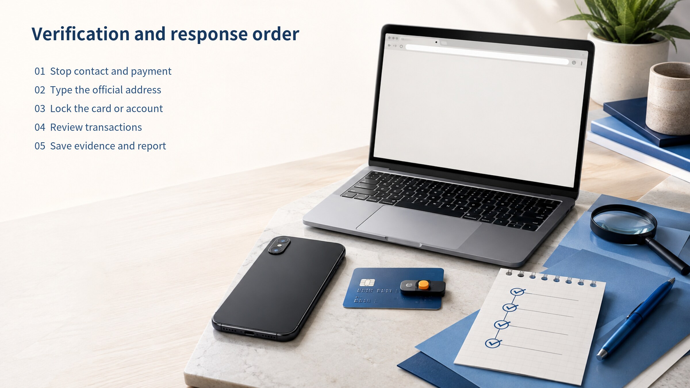 Checklist to stop, verify through official channels, secure accounts and payments, preserve evidence, and report