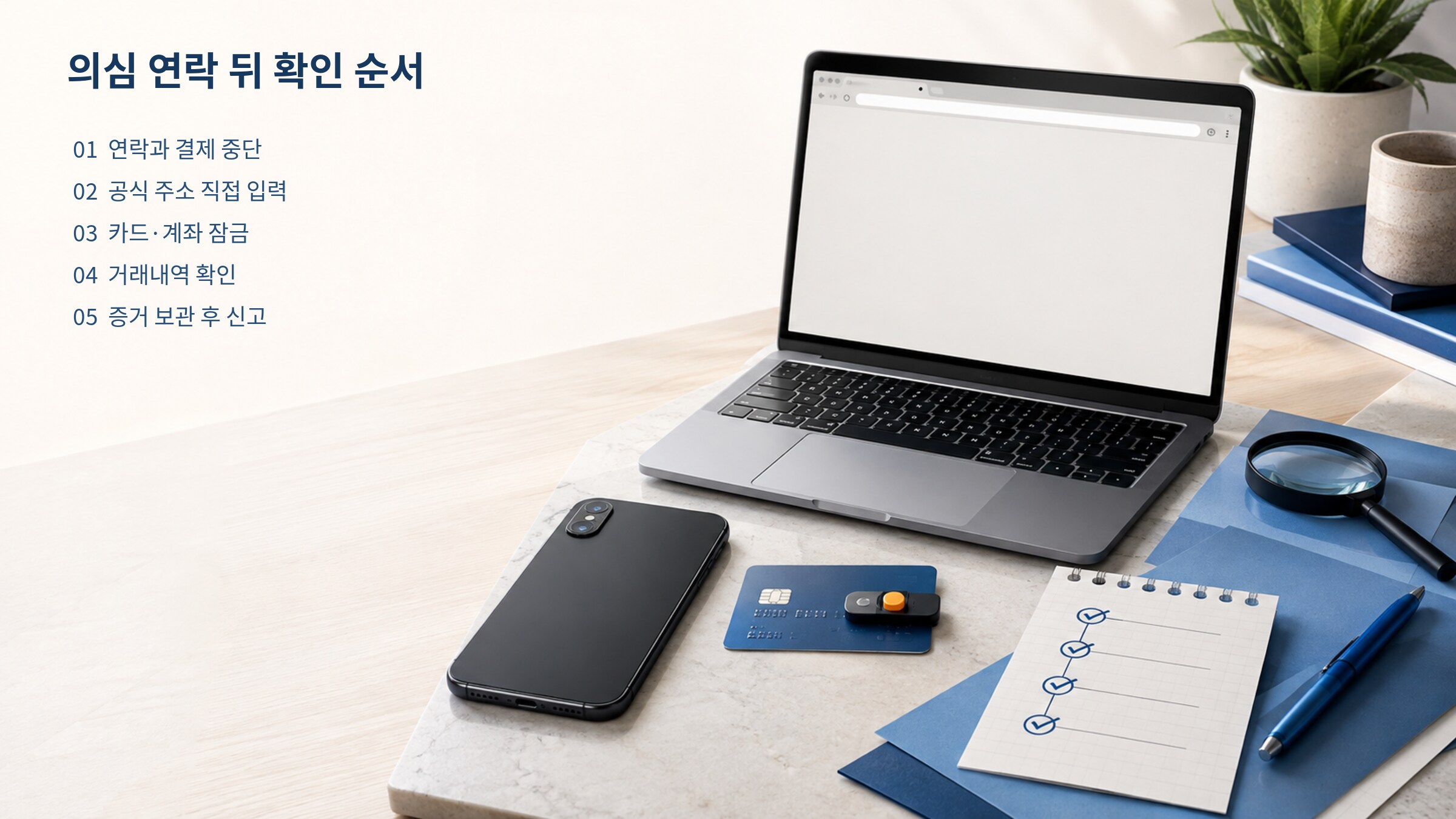 의심 연락을 받았을 때 중단, 공식 채널 확인, 계정과 결제 점검, 증거 보존, 신고 순서