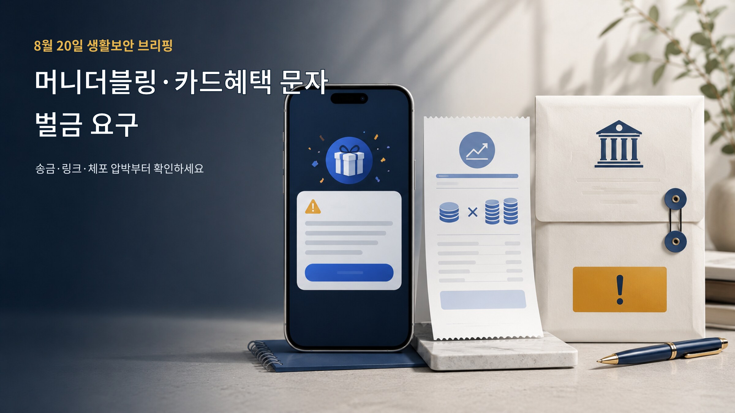 머니더블링, 카드 혜택 문자, 배심원 의무 벌금 요구를 한 화면에 보여주는 8월 20일 생활보안 브리핑 표지