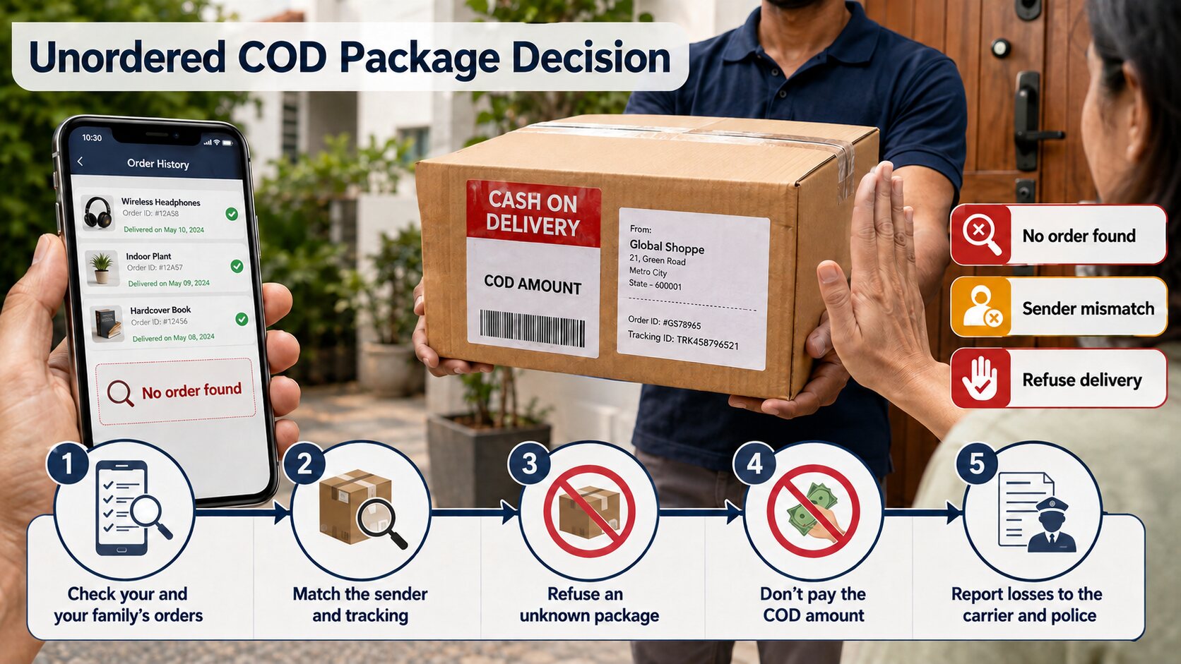 Five-step decision flow for checking and refusing an unordered cash-on-delivery package