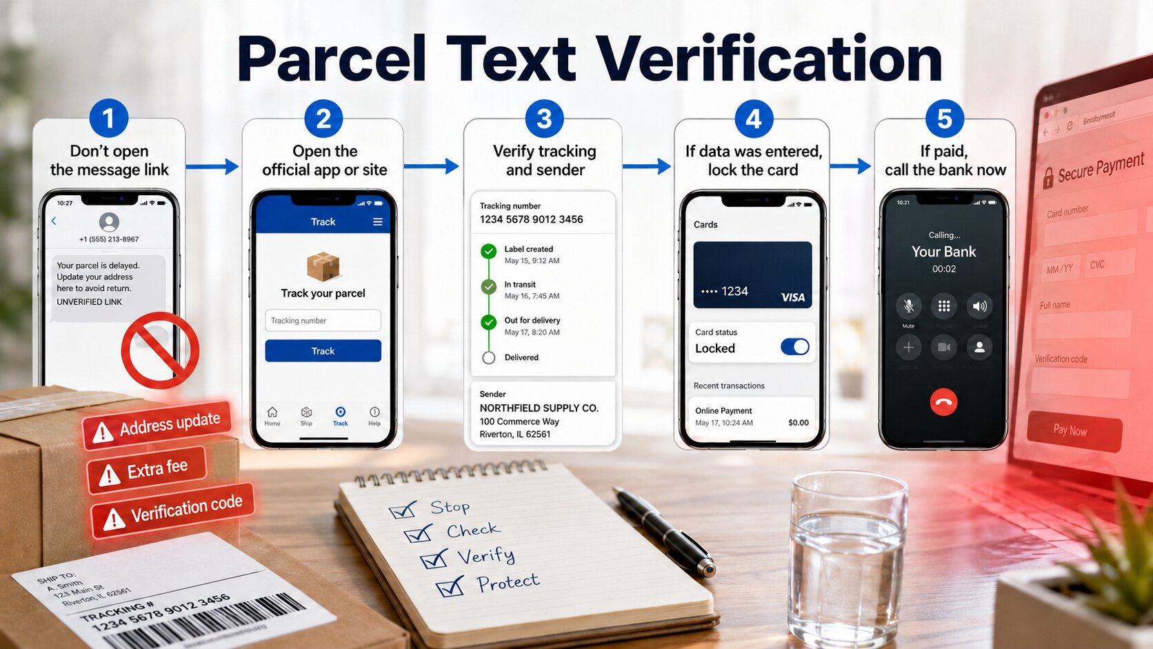 Five-step parcel text verification flow from avoiding the message link to calling the bank after payment