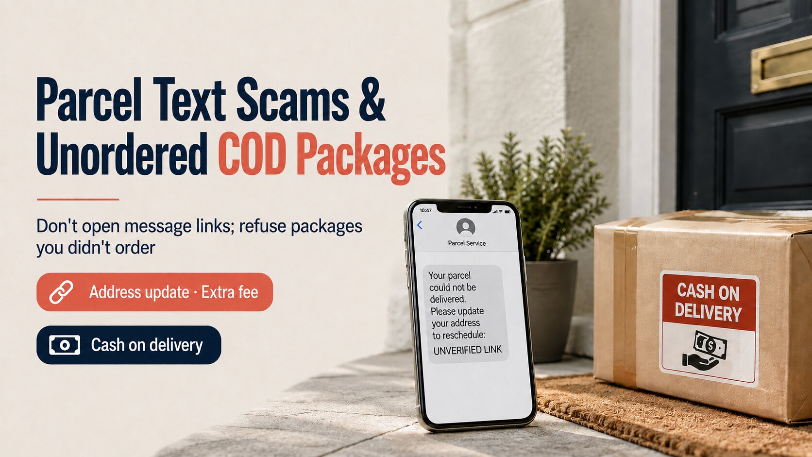 Cover showing parcel text scams and an unordered cash-on-delivery package