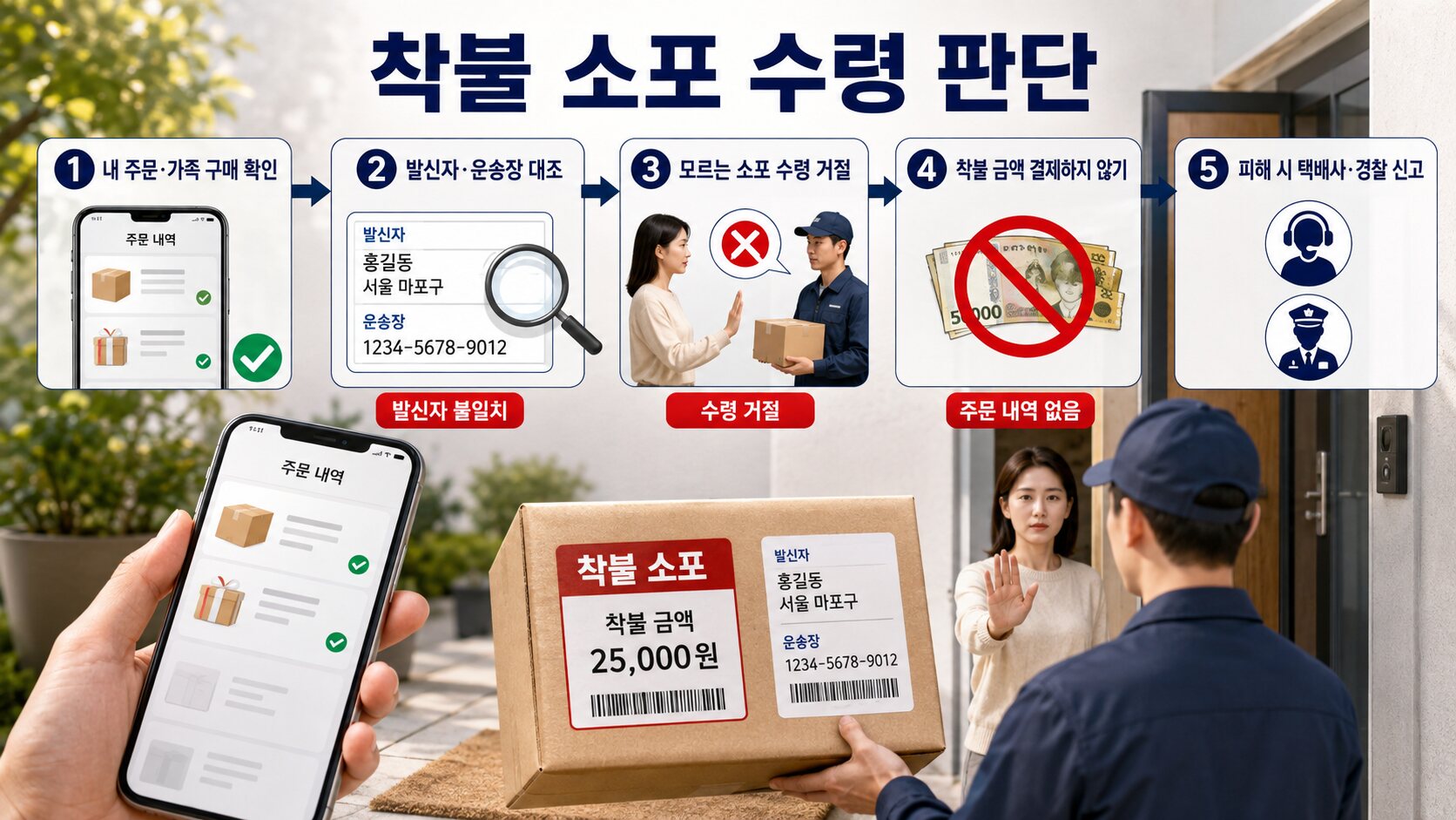 주문하지 않은 착불 소포를 확인하고 수령과 결제를 거절하는 5단계 판단 흐름