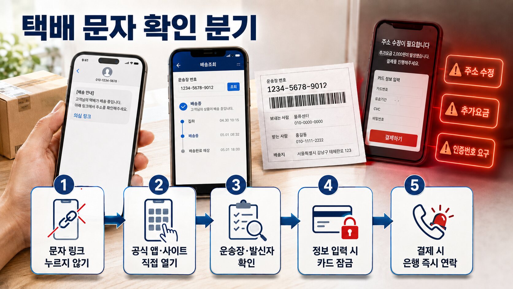 택배 사칭 문자를 받은 뒤 공식 앱 확인부터 카드 잠금과 은행 연락까지의 5단계 대응 흐름