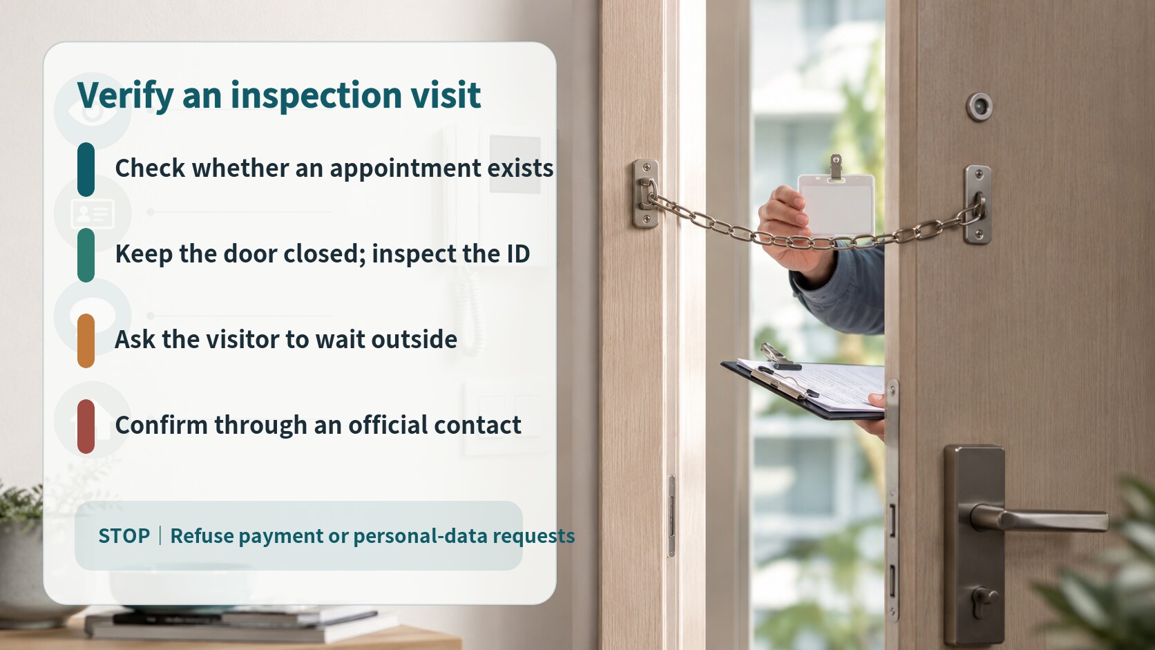 Five-step door safety sequence for an unexpected person claiming to be a council inspector