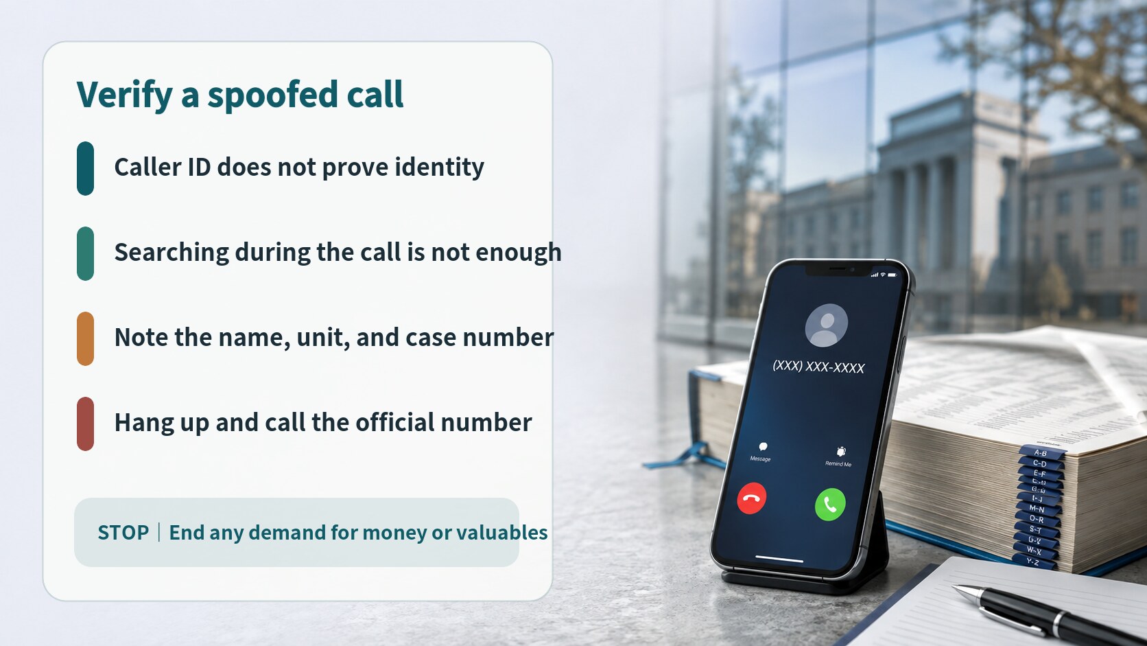 Safe verification sequence for a call that displays a genuine-looking police number