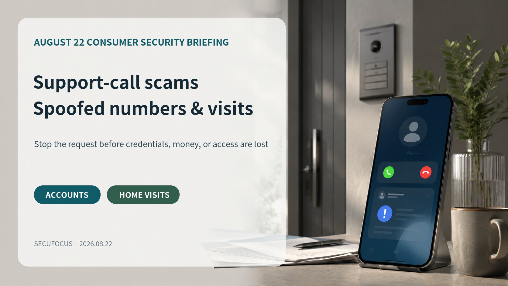 August 22 consumer security briefing cover about fake Apple support, spoofed caller ID, and bogus home visits