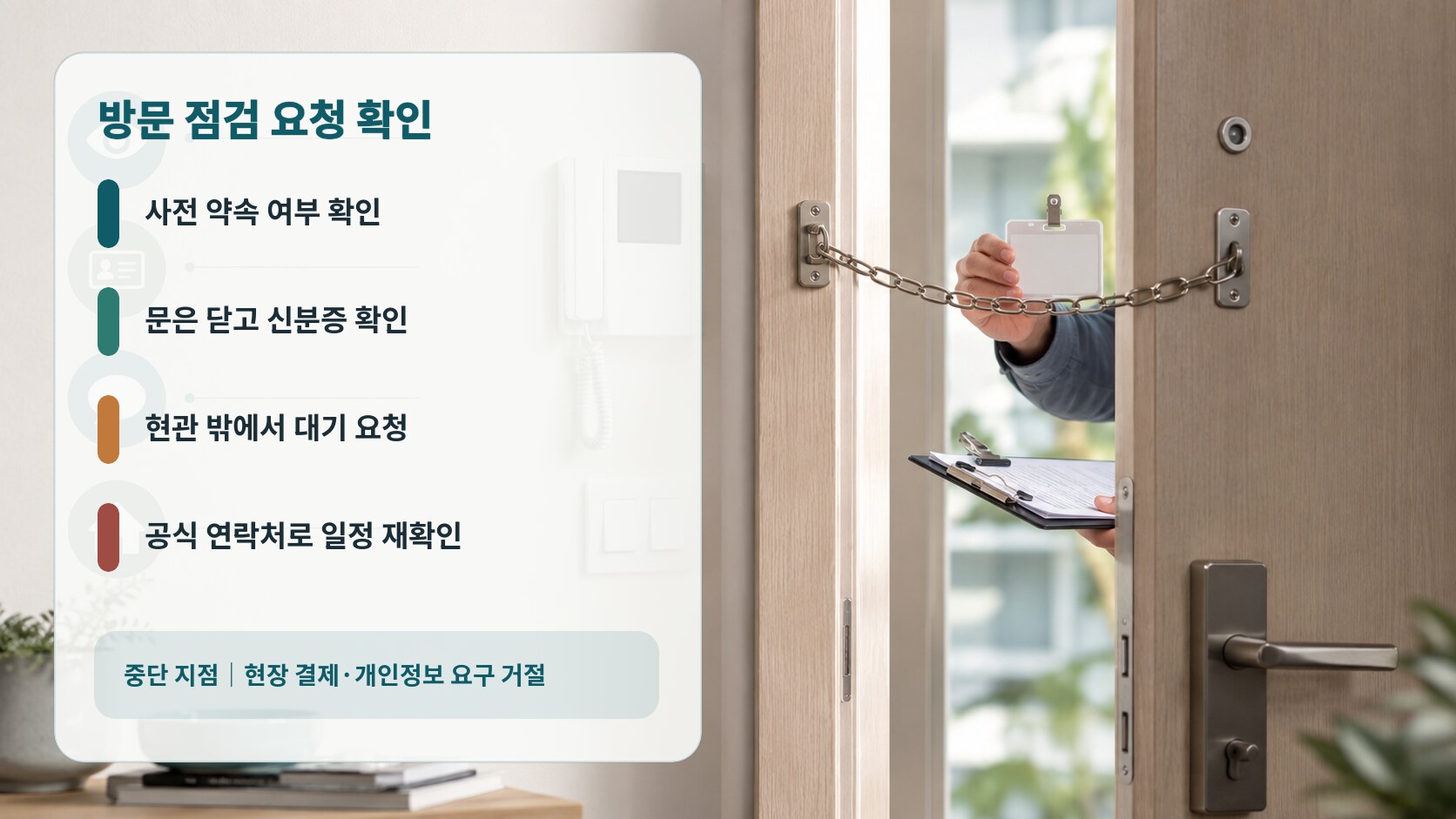 예고 없는 주택 점검 방문에서 문을 열지 않고 신분과 일정을 공식 채널로 확인하는 5단계 절차