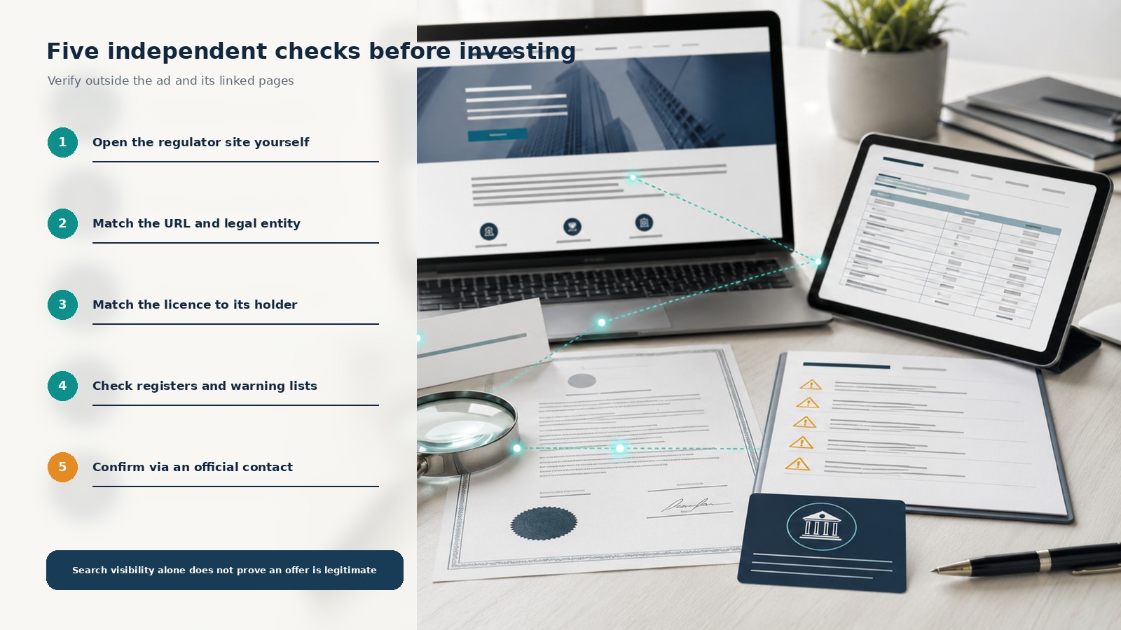 Five independent checks using official registers and warning lists
