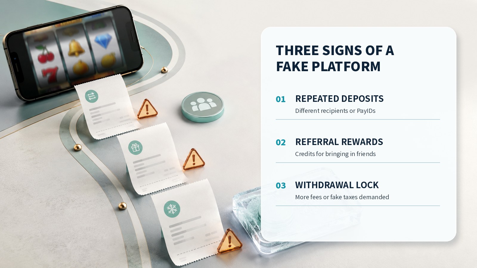 Three warning signs of a fake casino platform: repeated deposits, referral rewards and a locked withdrawal