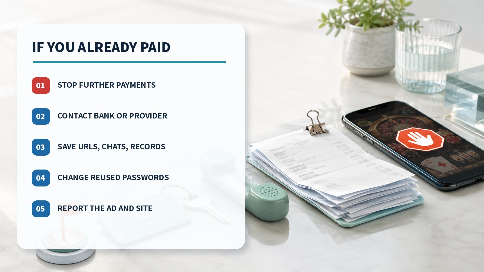 Five actions after paying a fake casino: stop payments, contact the provider, preserve evidence, change reused passwords and report the site