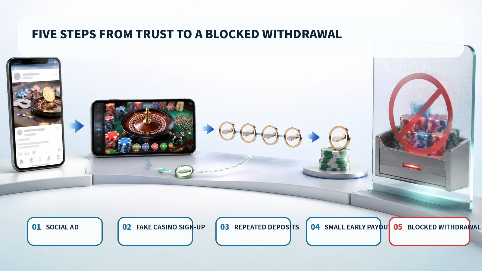 Five-step flow from a social ad and fake casino sign-up to repeated deposits, a small payout and blocked withdrawal
