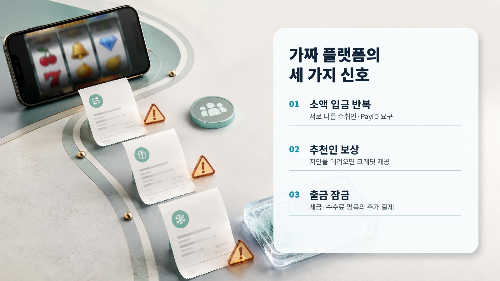 가짜 카지노 플랫폼의 세 가지 신호인 소액 입금 반복, 추천인 보상, 출금 잠금을 설명한 이미지
