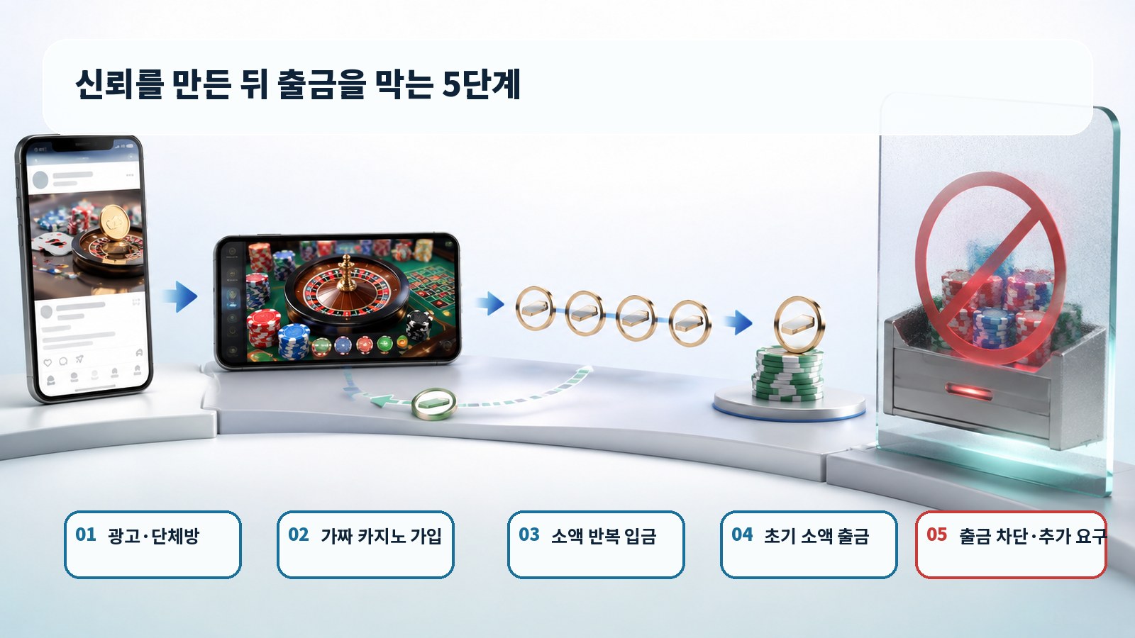 소셜 광고부터 가짜 카지노 가입, 반복 입금, 초기 출금, 출금 차단까지 이어지는 5단계 흐름