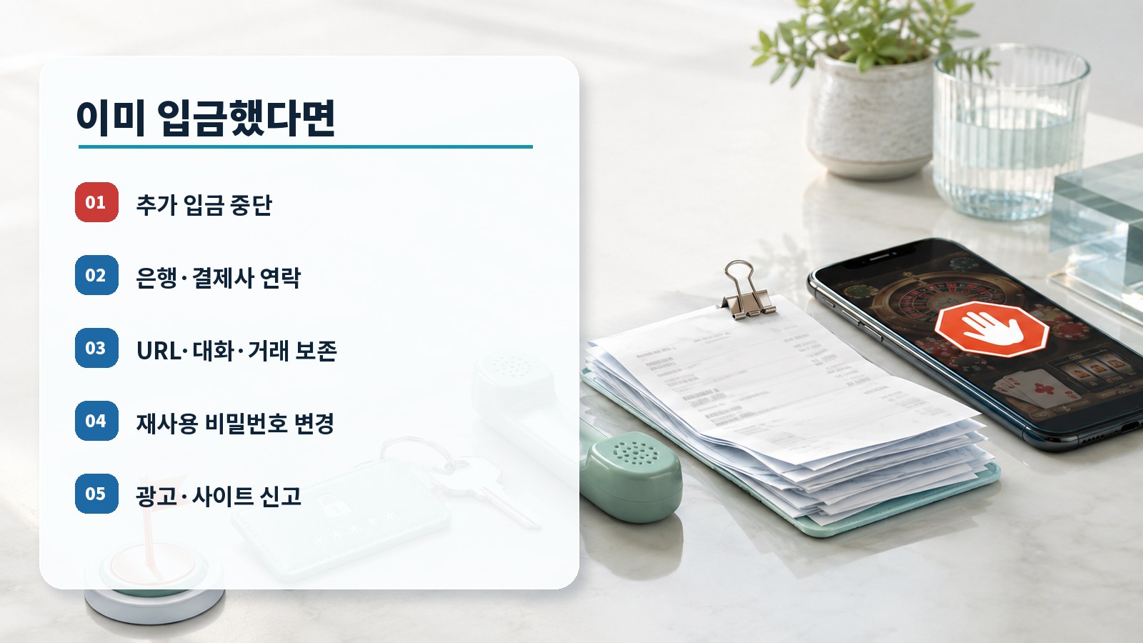 이미 가짜 카지노 플랫폼에 입금했을 때 추가 입금 중단, 금융사 연락, 증거 보존, 비밀번호 변경, 신고 순서를 보여주는 이미지