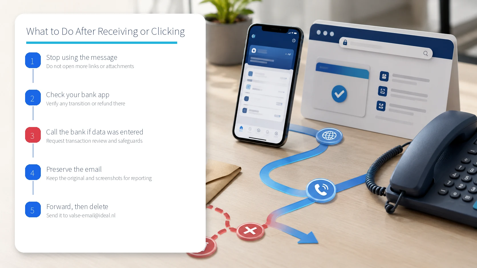 Five-step response checklist after receiving or clicking a fake refund email