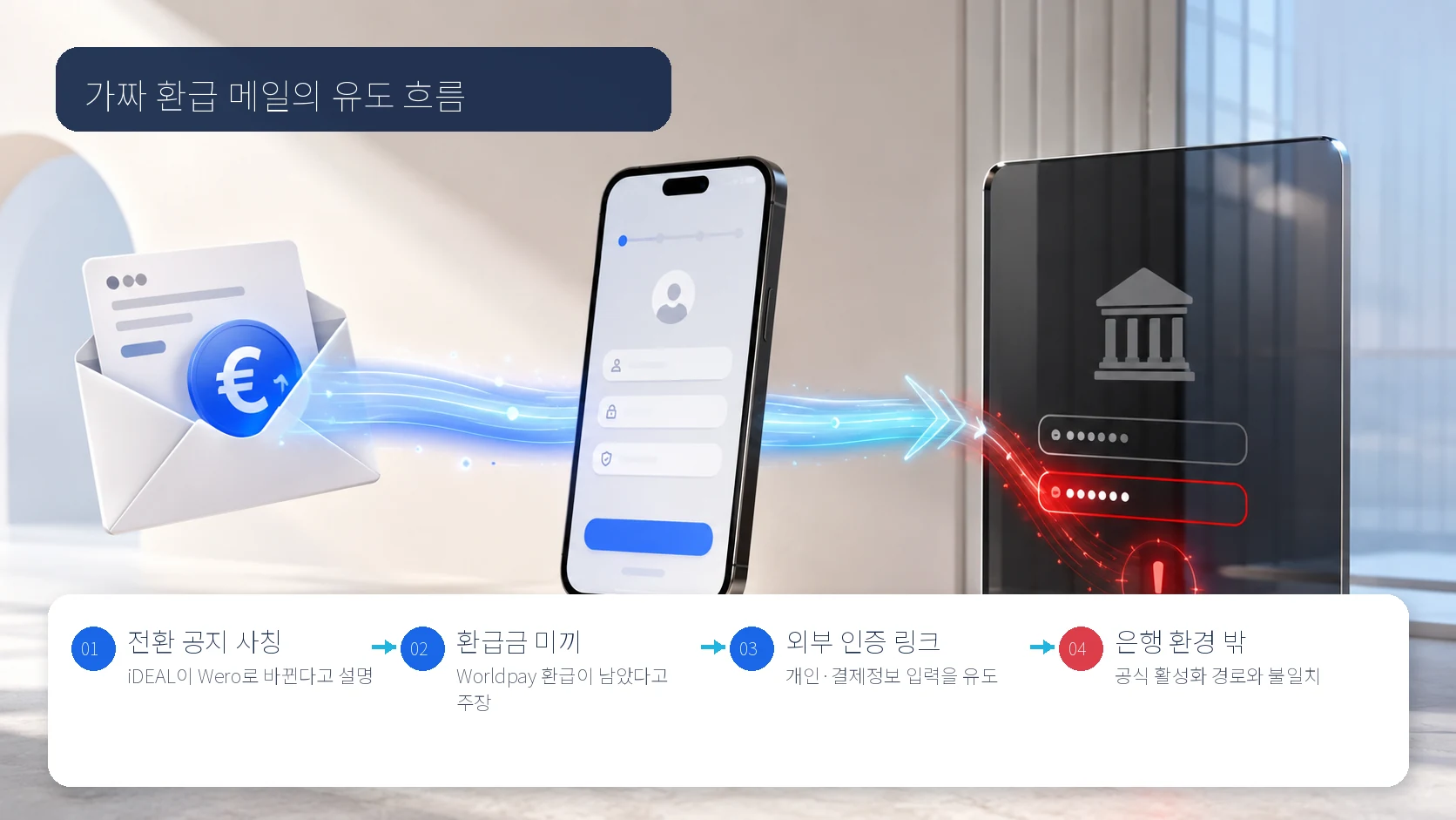가짜 환급 메일이 전환 공지 사칭에서 외부 인증 링크로 이어지는 네 단계 흐름
