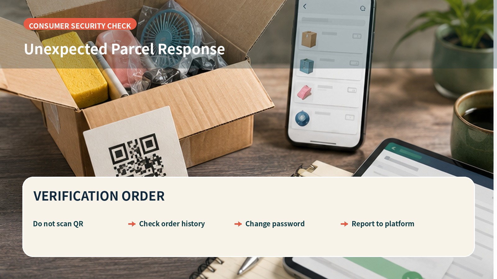 Response order for an unexpected parcel and enclosed QR code