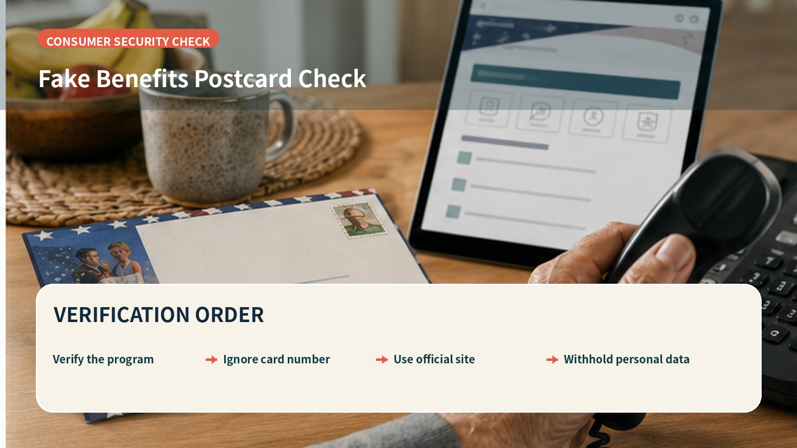 Four-step independent check for a fake benefits postcard