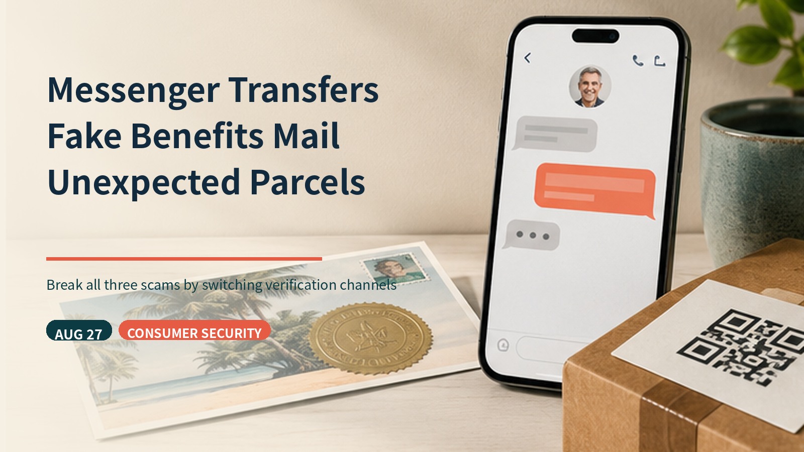 August 27 consumer security briefing cover featuring messenger transfers, fake benefits mail and unexpected parcels
