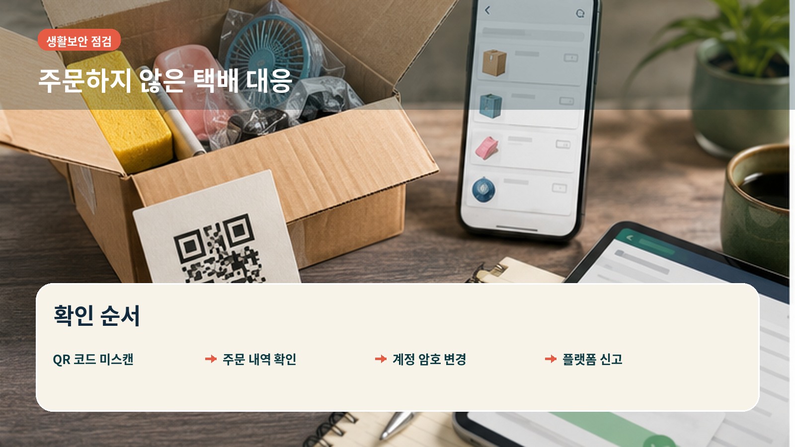 주문하지 않은 택배의 QR 코드를 스캔하지 않고 주문 내역과 계정을 확인하는 순서