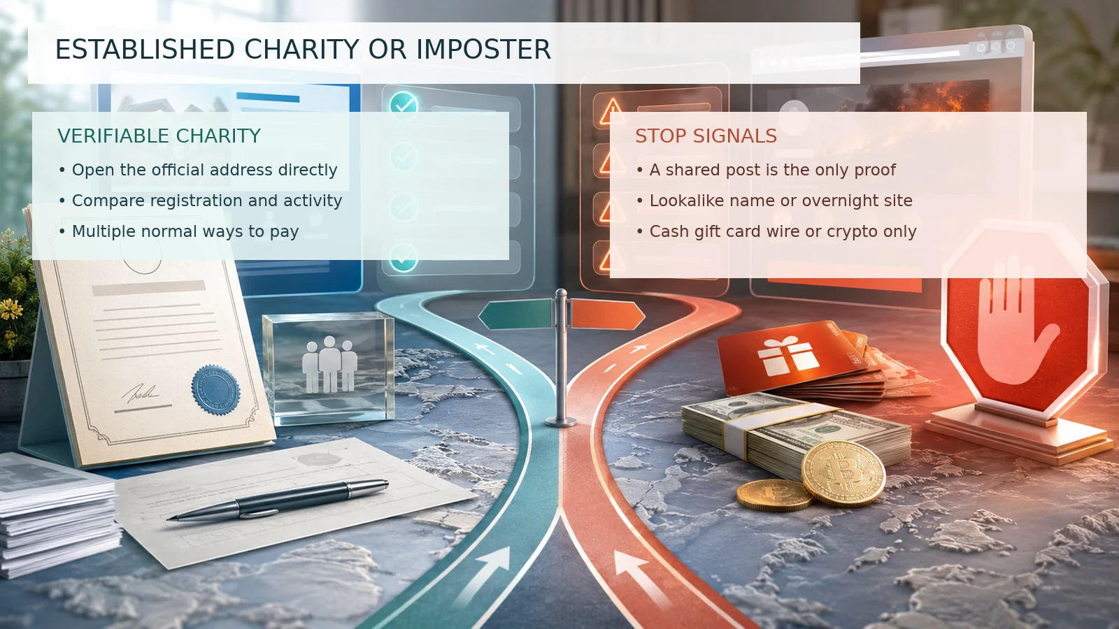 Comparison distinguishing an established charity from an imposter page