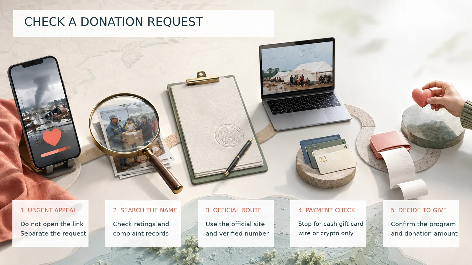 Five-step process for checking a disaster relief donation request
