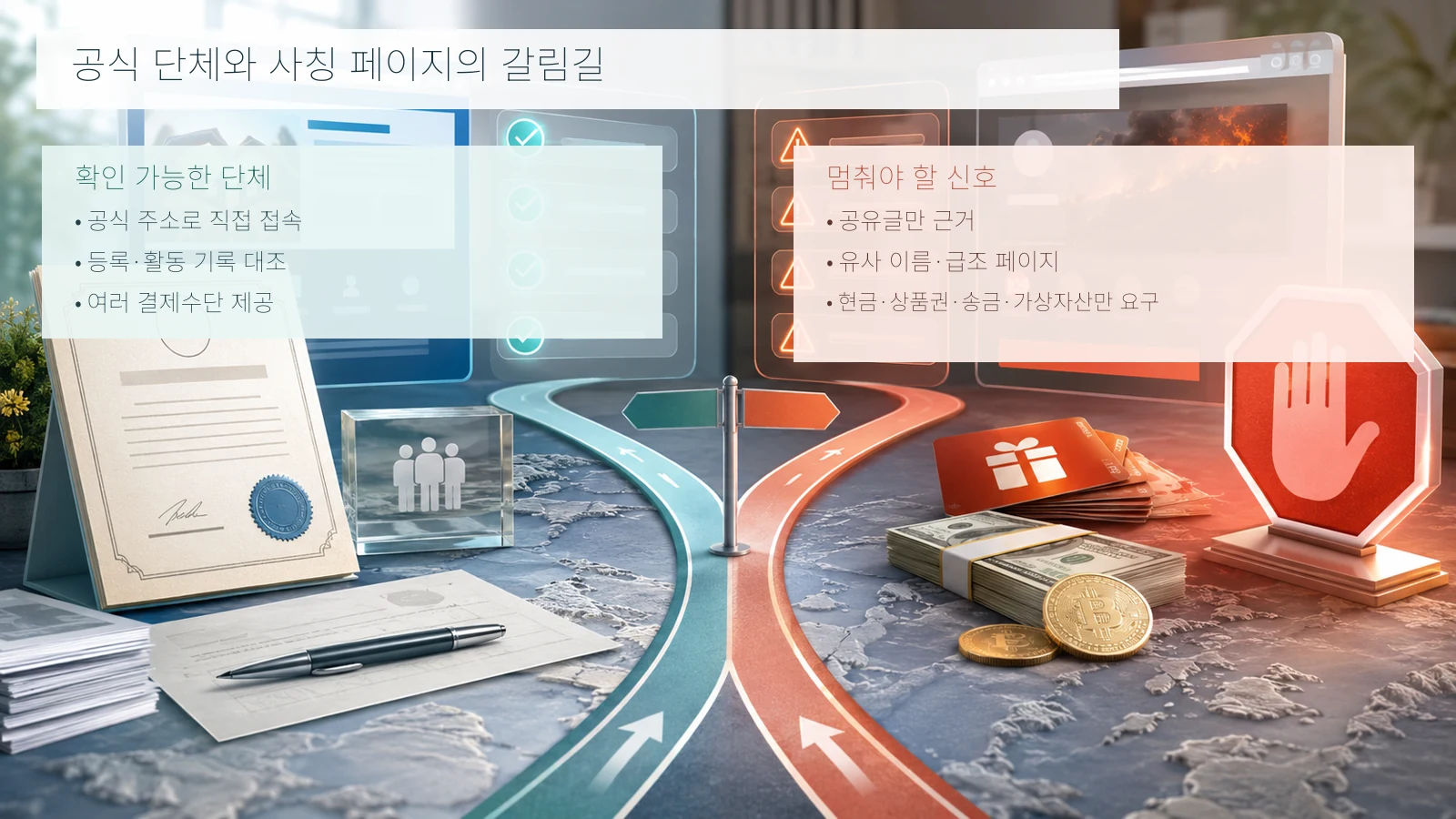 공식 자선단체와 사칭 페이지를 구분하는 비교