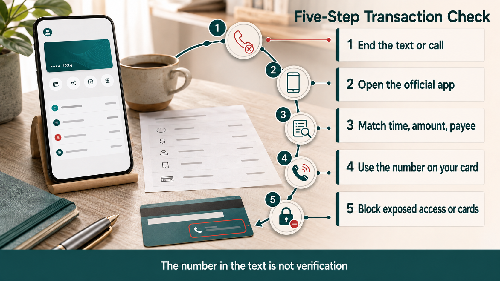 Five steps to verify a transaction through the official app and the number on the card