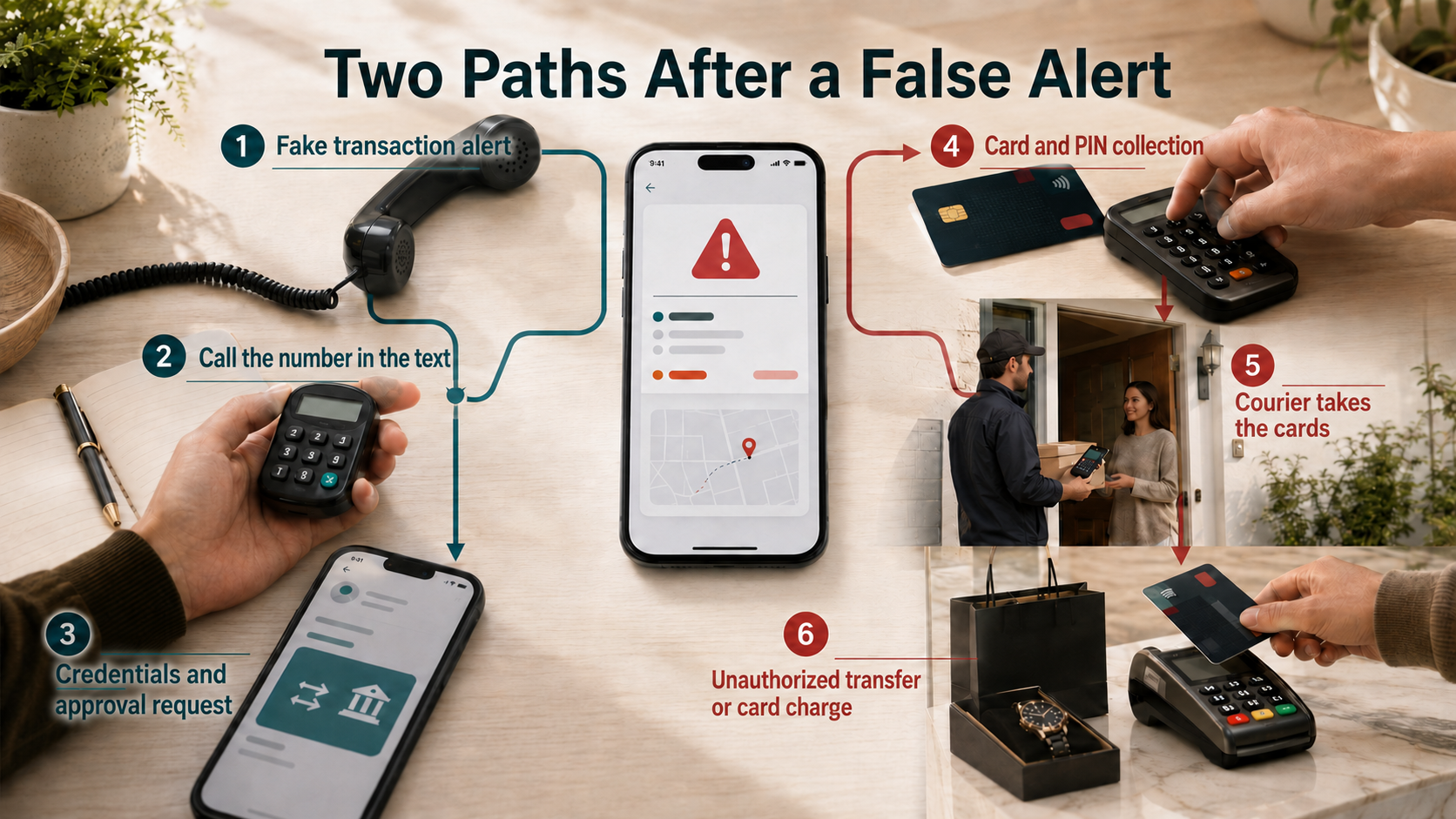 Two attack paths from a false transaction alert to credential requests or physical card collection