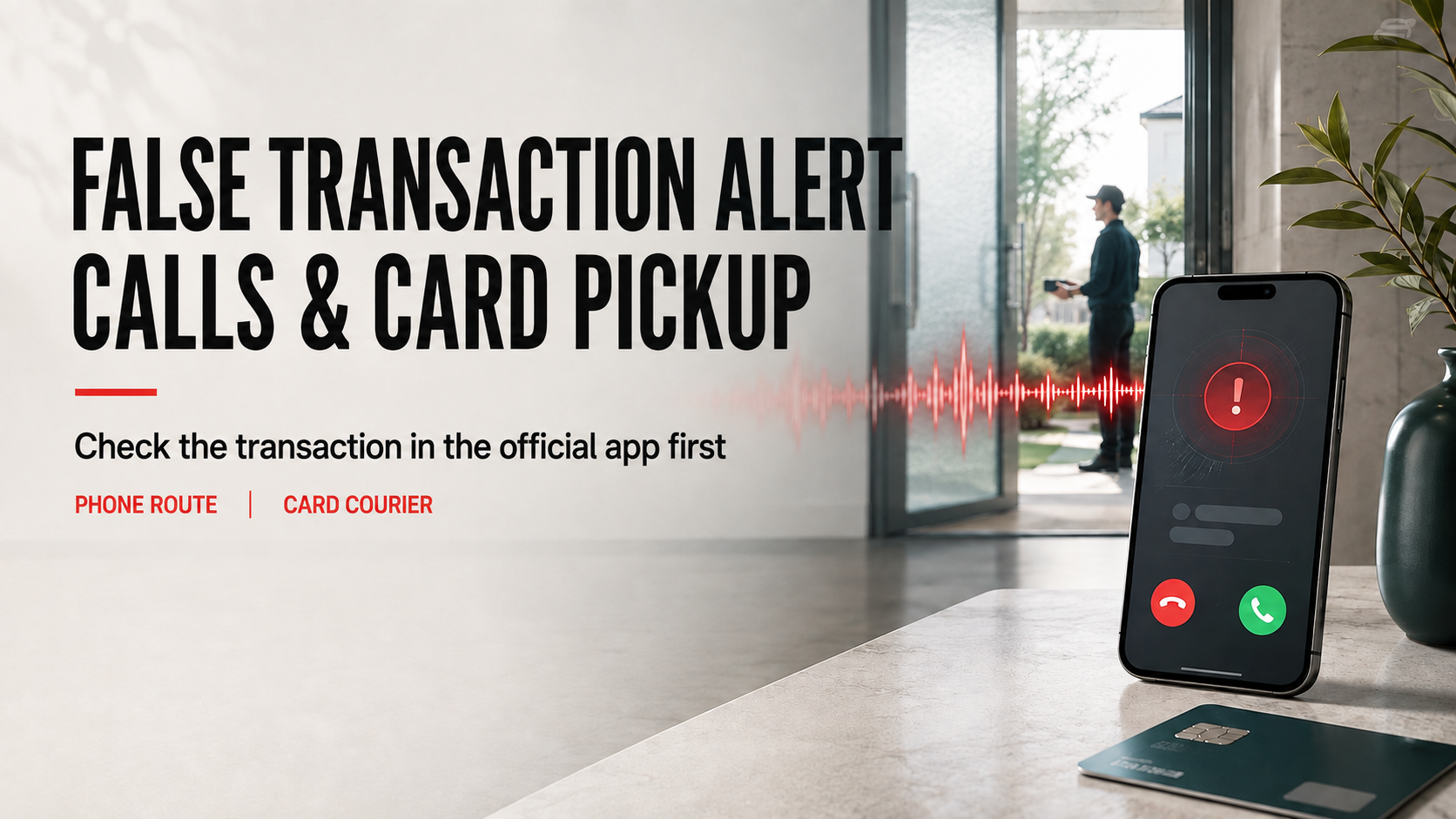 Cover showing phone and card-pickup risks after a false transaction alert