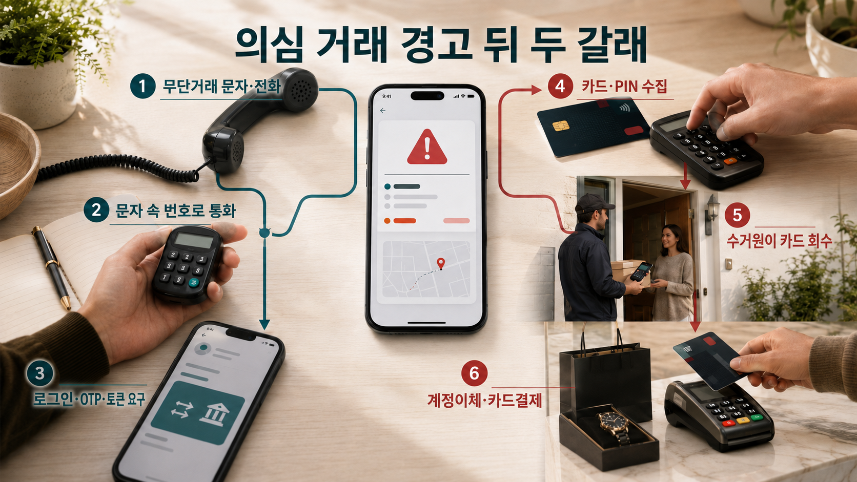 무단거래 경고가 인증정보 요구와 실물 카드 수거로 갈라지는 공격 흐름