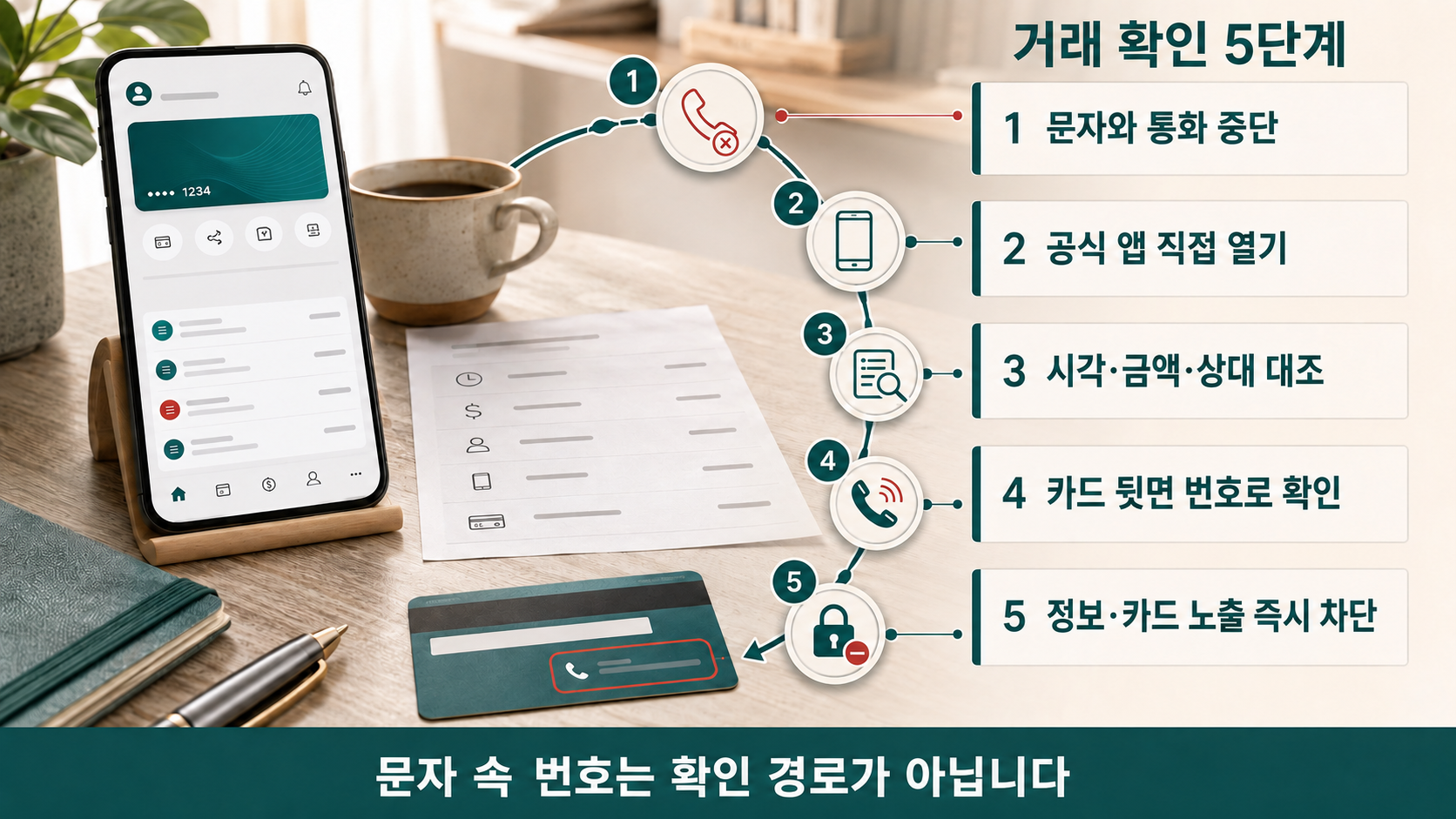 문자와 통화를 끊고 공식 앱과 카드 뒷면 번호로 거래를 확인하는 5단계