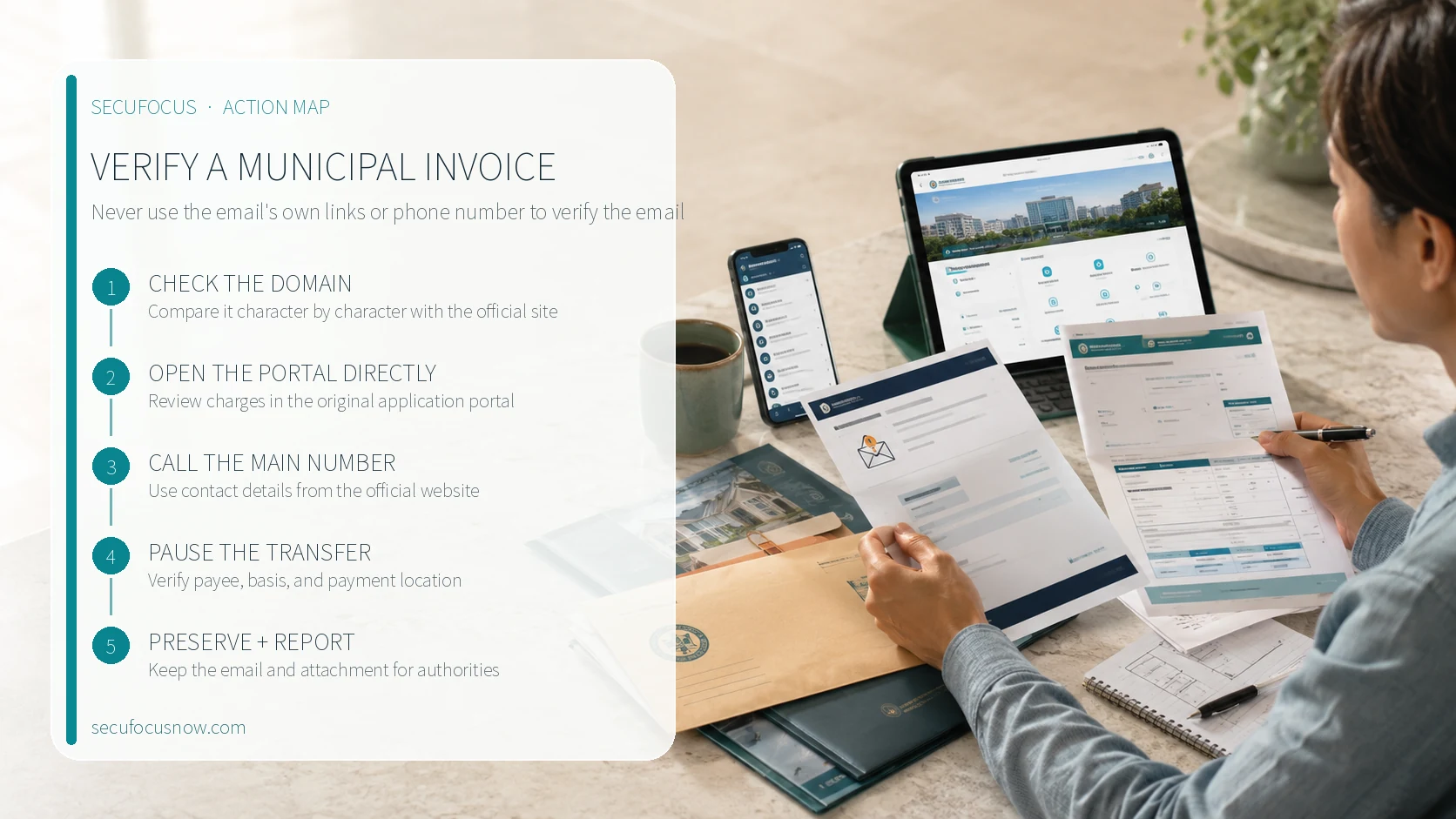 Five-step verification path for a municipal invoice before sending a wire transfer
