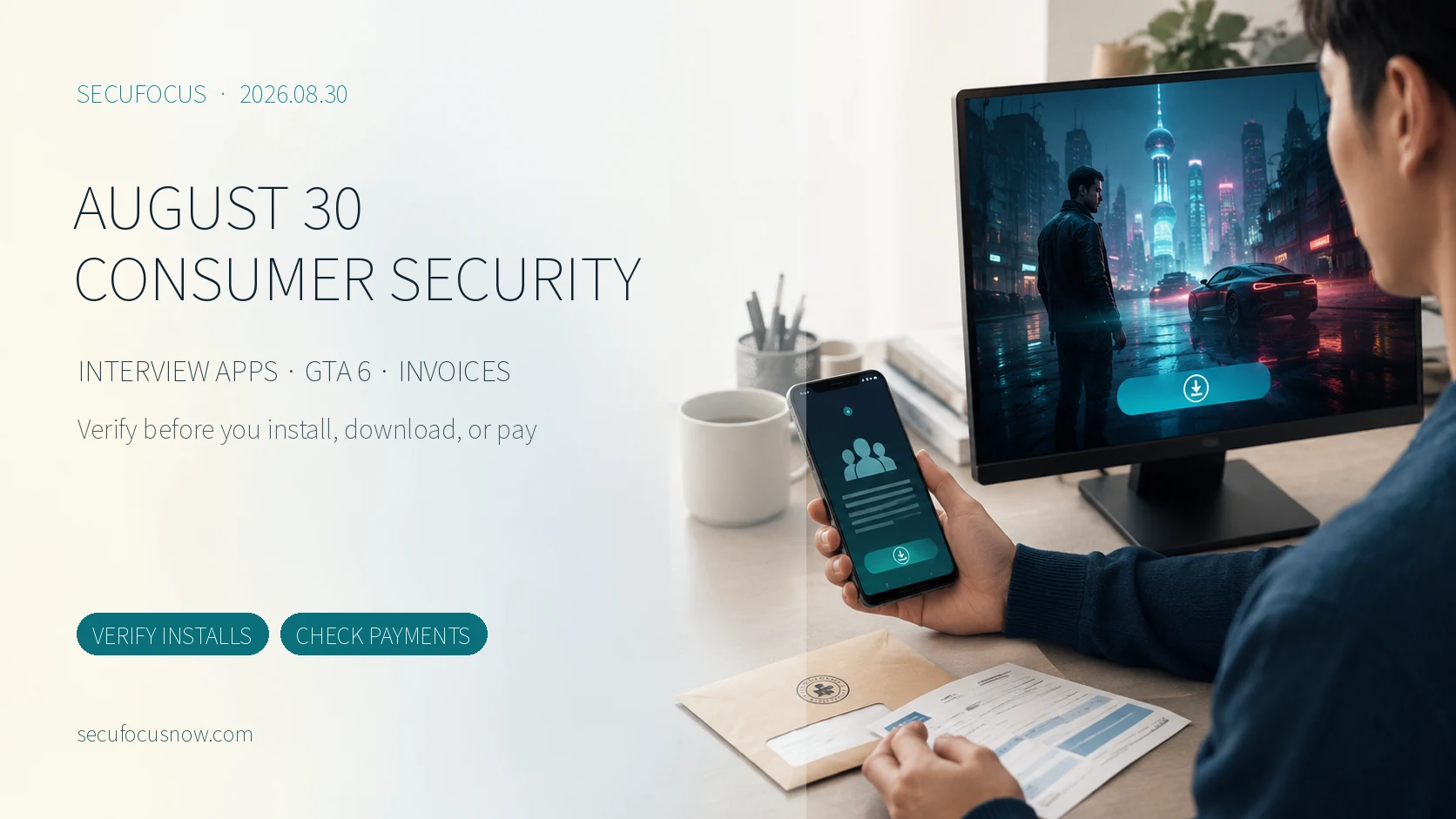 August 30 consumer security briefing cover: interview apps, GTA 6, and fake invoices