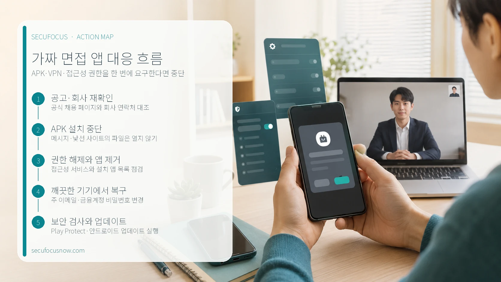 가짜 면접 앱 설치 요구부터 권한 해제와 계정 점검까지의 대응 순서